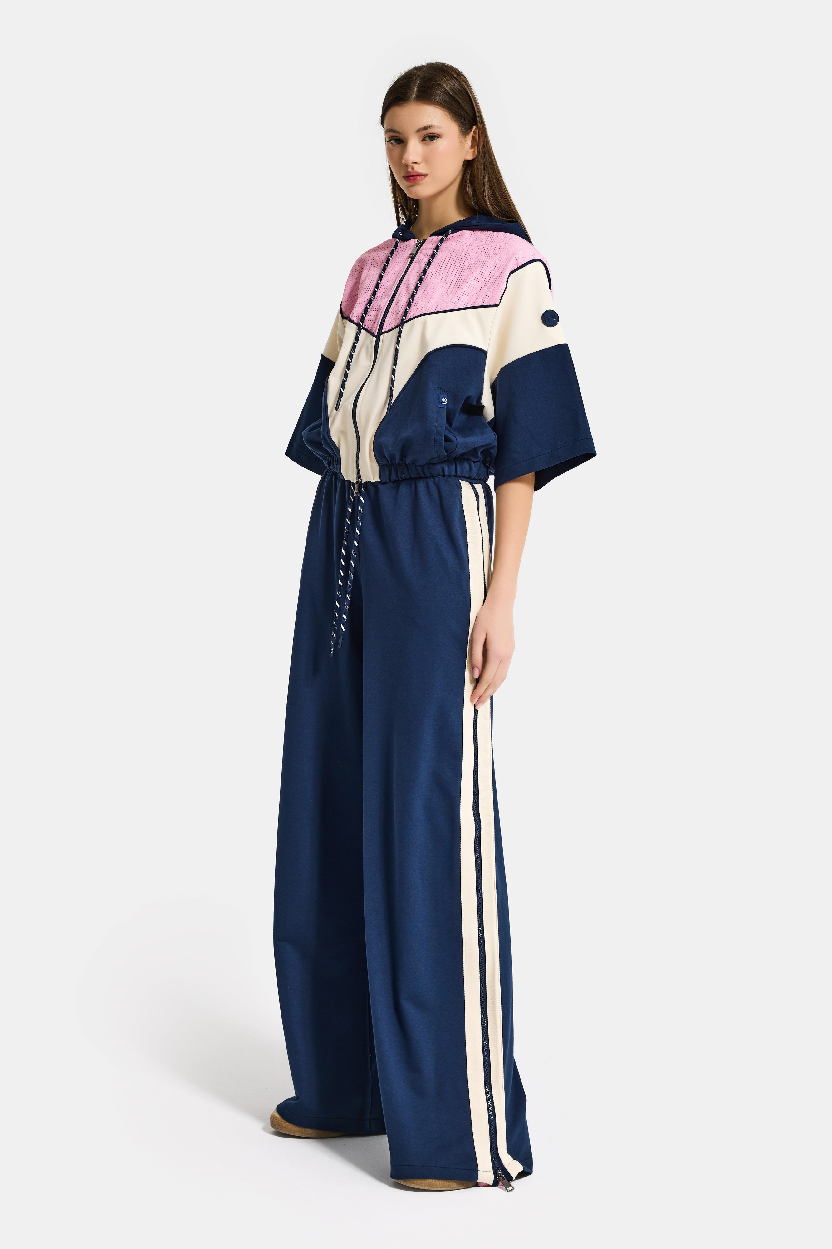 Kadın Lacivert Ekru s6-56 Kapüşonlu Sweatshirt Yürüyüş Efofman Pantolon 2'li Tasarım Takım