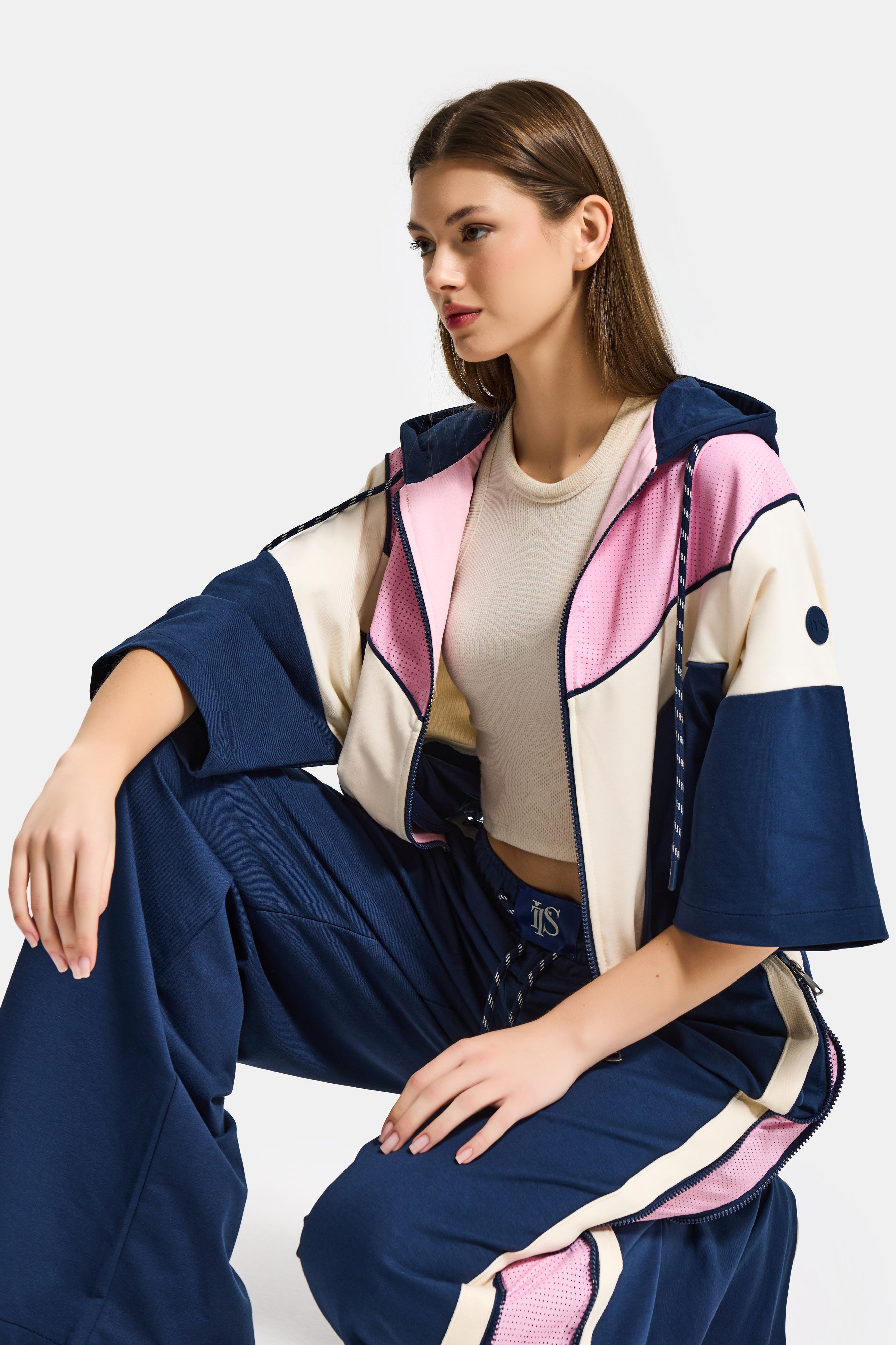 Kadın Lacivert Ekru s6-56 Kapüşonlu Sweatshirt Yürüyüş Efofman Pantolon 2'li Tasarım Takım