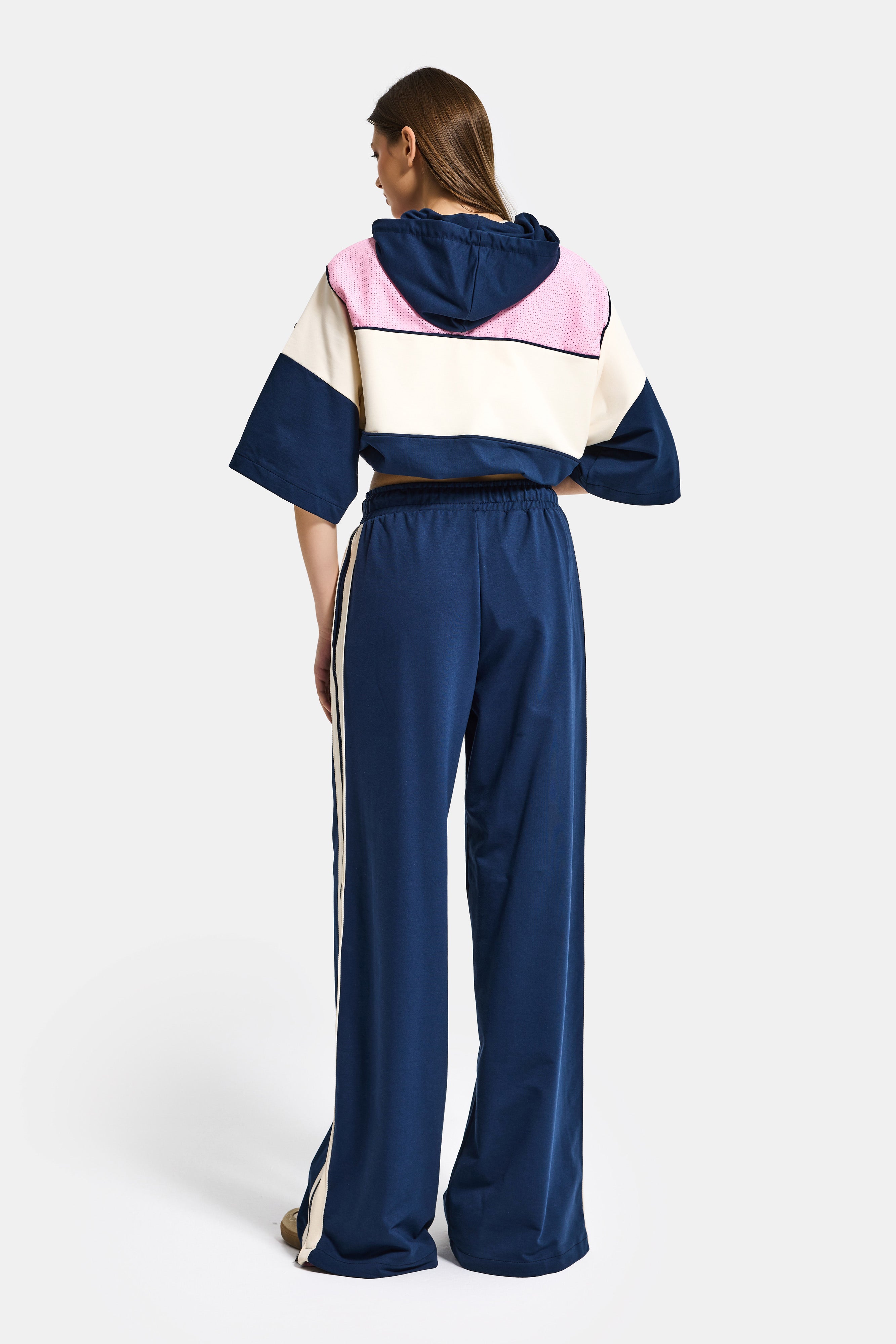 Kadın Lacivert Ekru s6-56 Kapüşonlu Sweatshirt Yürüyüş Efofman Pantolon 2'li Tasarım Takım