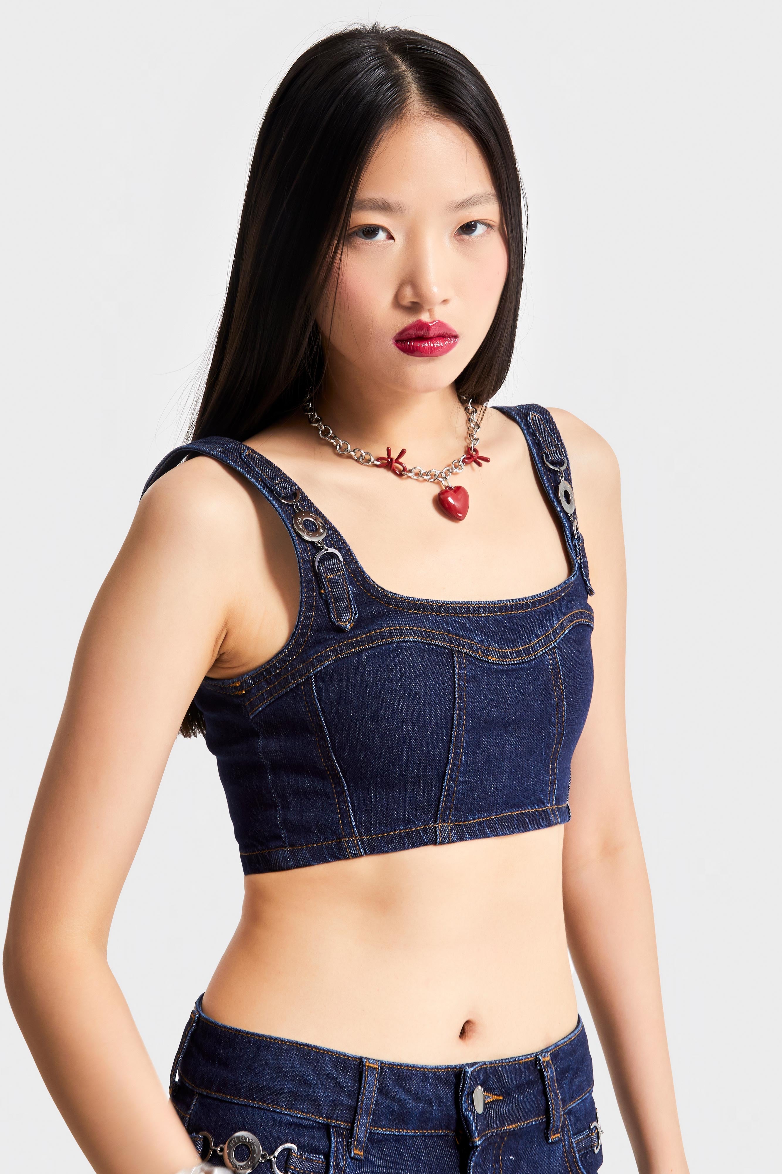 Kadın Lacivert Renk 19w5-33 Aksesuar Detaylı Askılı Esnek Kumaş Tasarım Denim Büstiyer