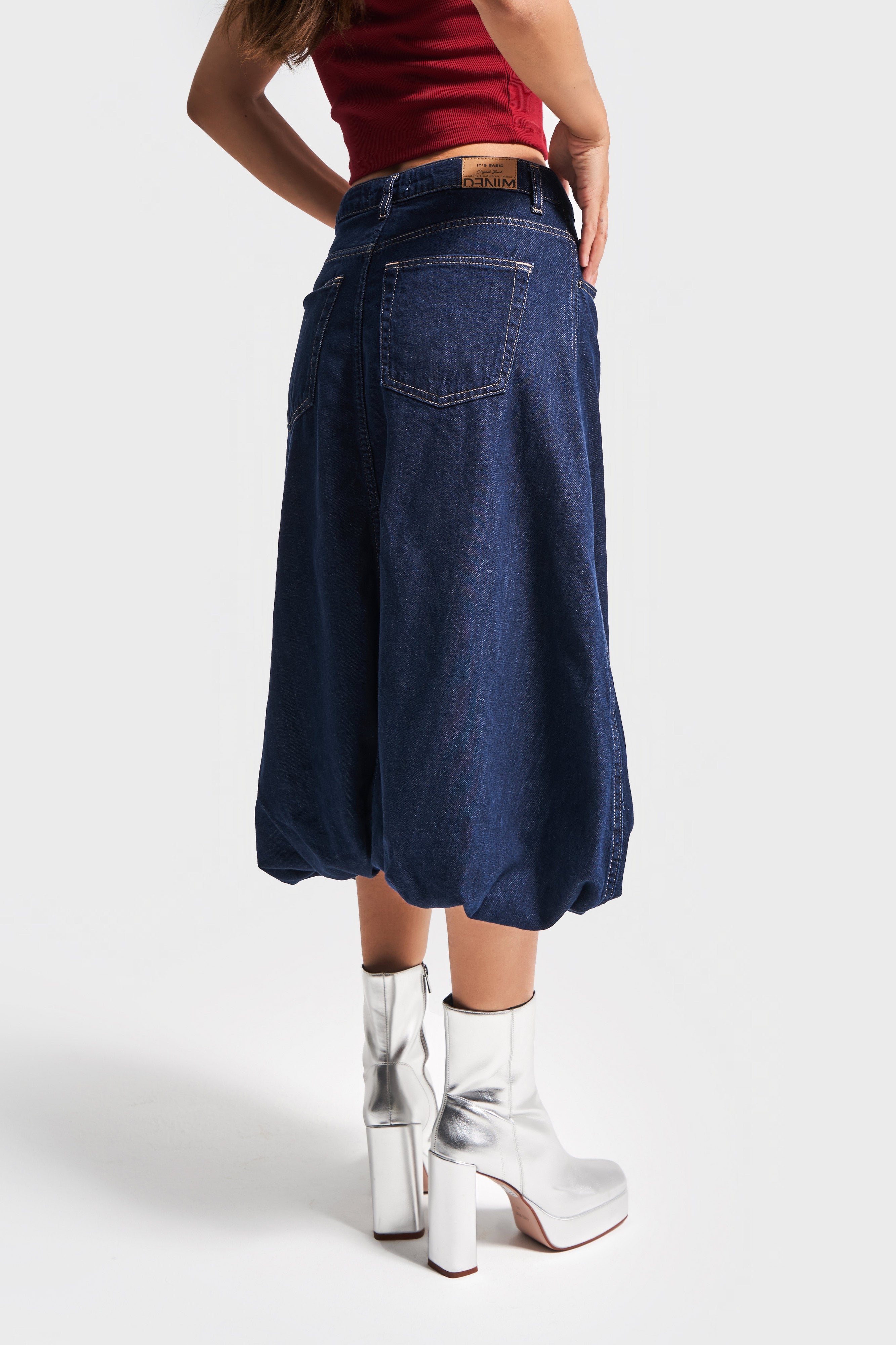 Women's Navy Blue Color 7w450 Midi Length Balloon Fit 100% Cotton Denim Skirt