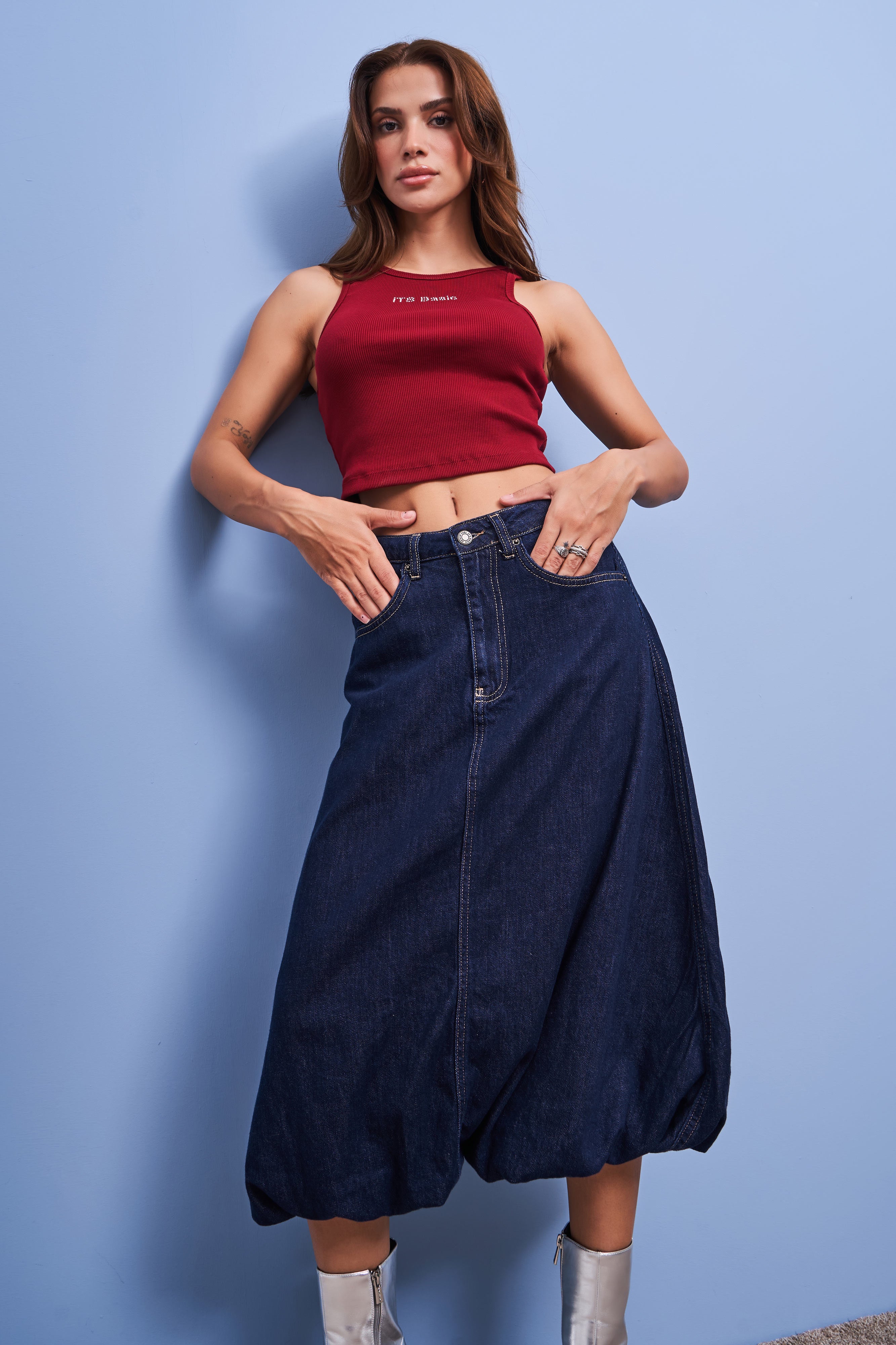 Women's Navy Blue Color 7w450 Midi Length Balloon Fit 100% Cotton Denim Skirt