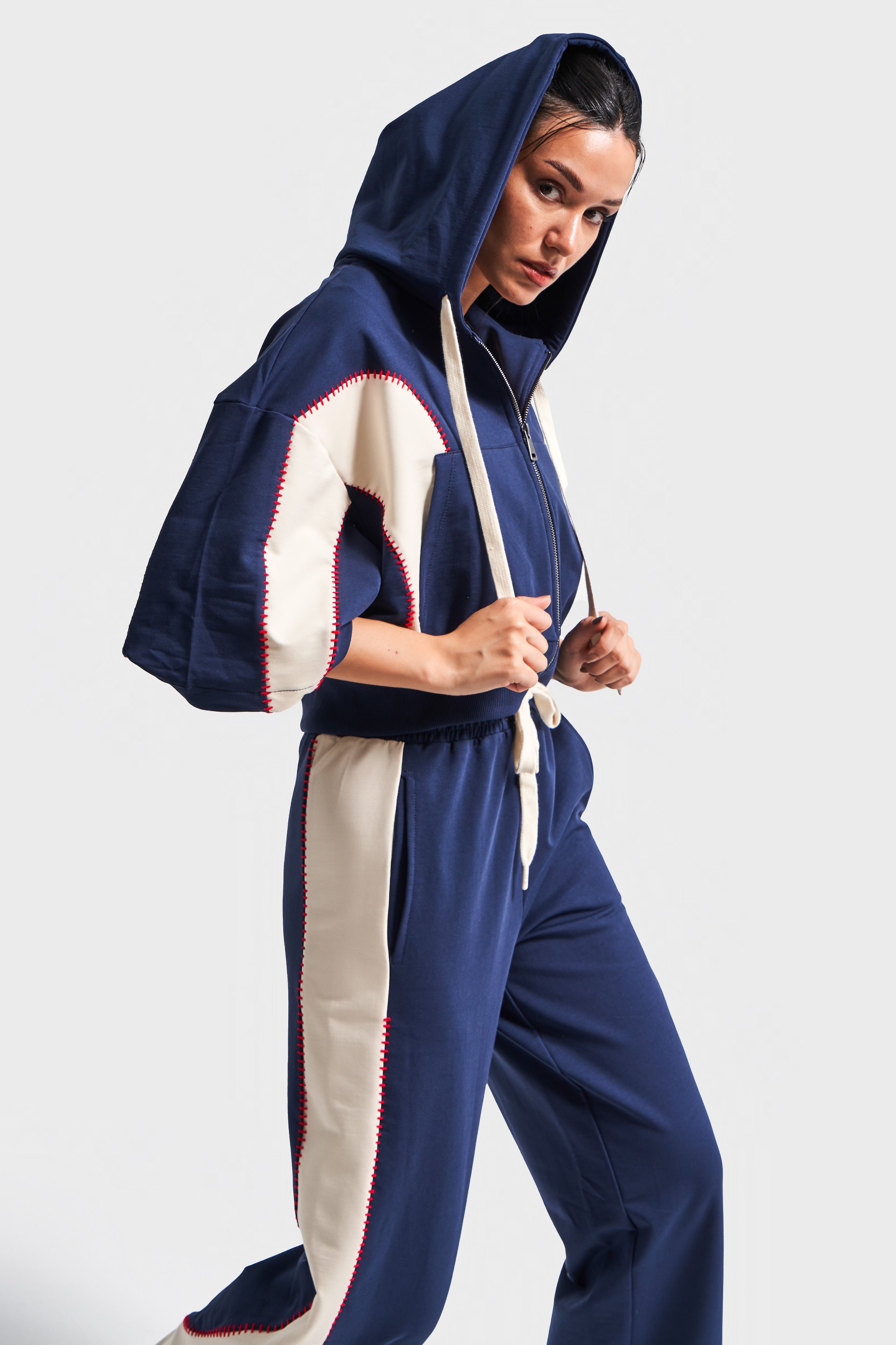 Kadın Lacivert Renk S5-56 Örme Kumaş Eşofman Sporcu Üstü Sweatshirt 3'lü Takım Kombin