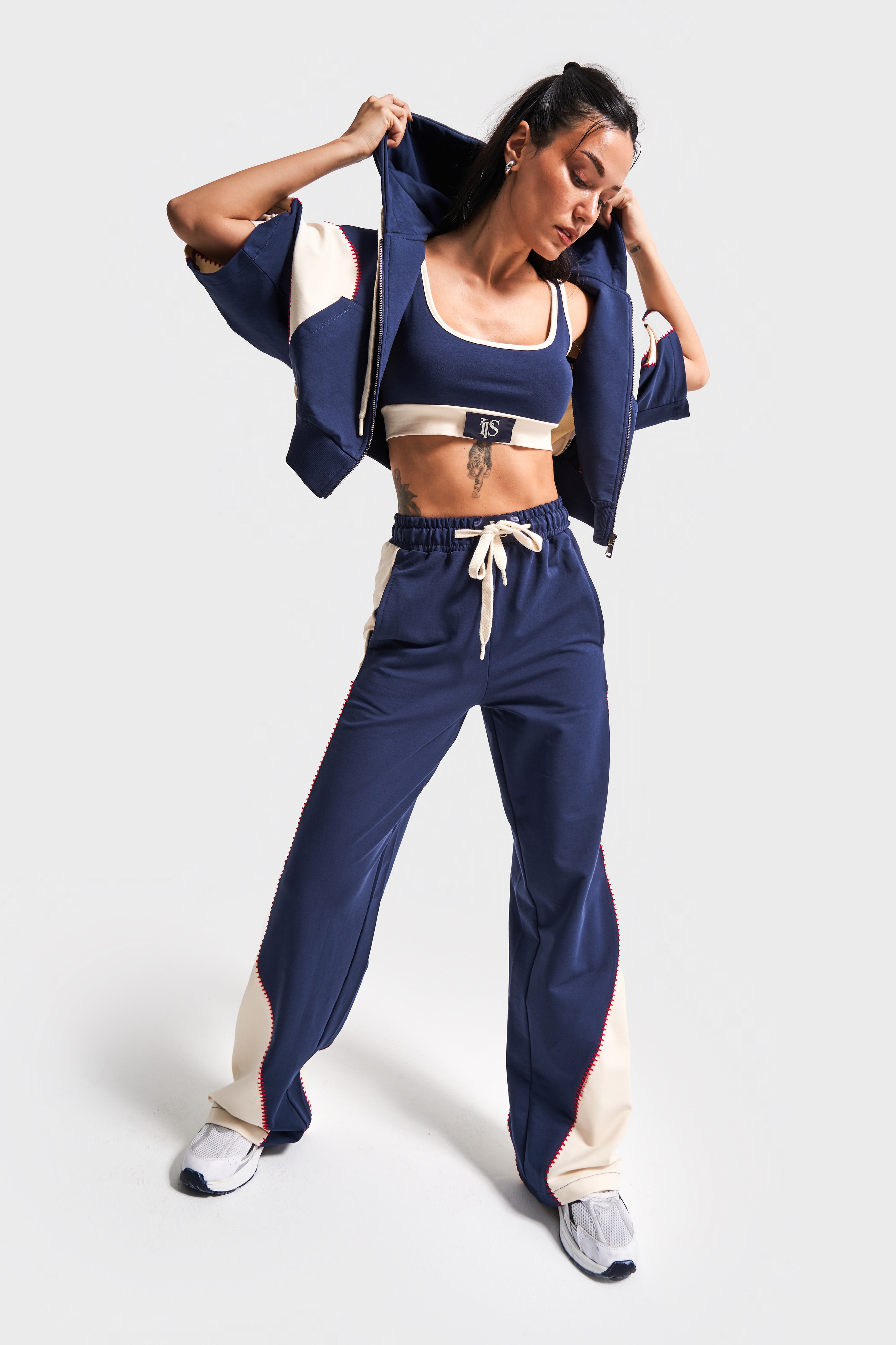 Kadın Lacivert Renk S5-56 Örme Kumaş Eşofman Sporcu Üstü Sweatshirt 3'lü Takım Kombin