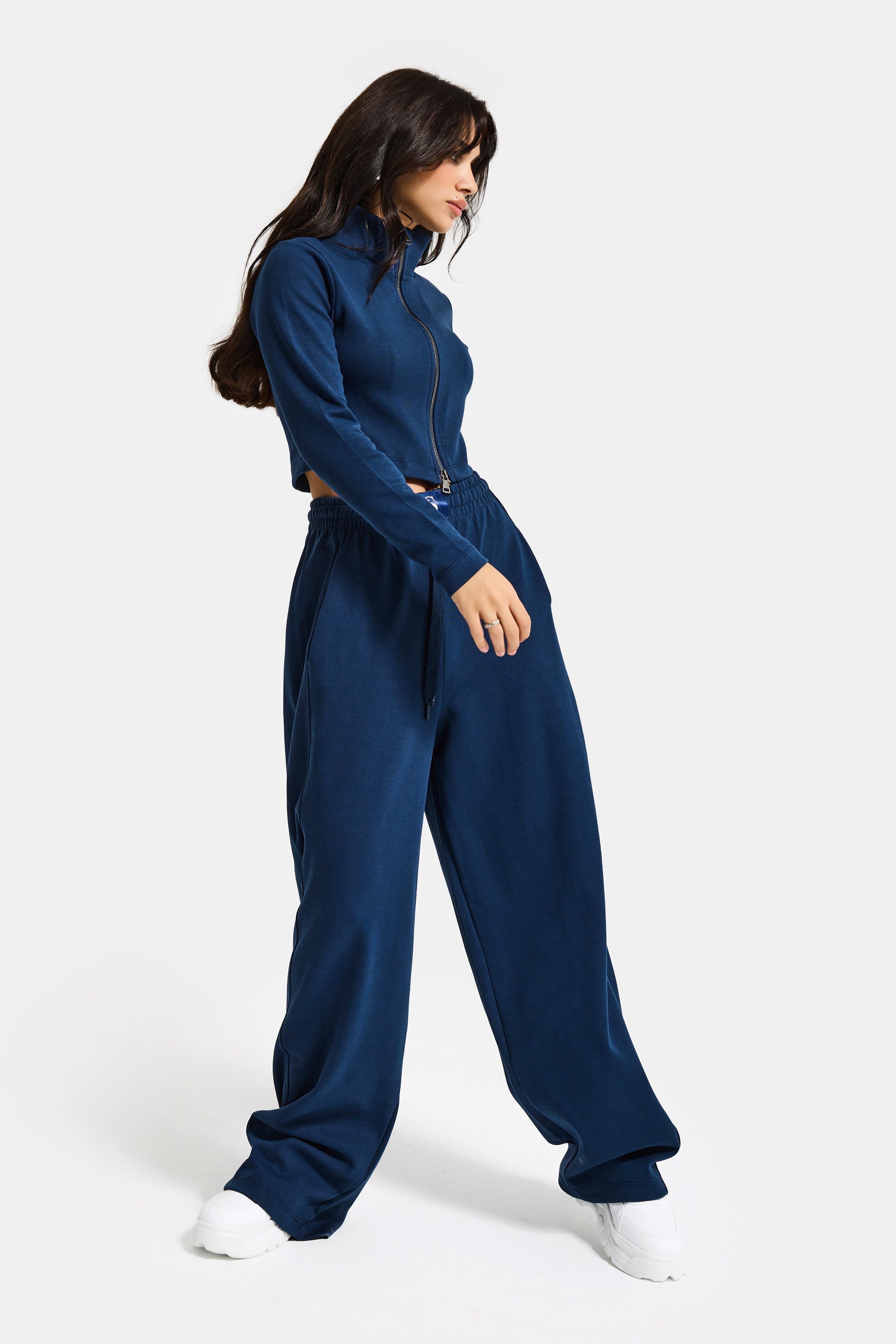 Kadın Lacivert Renk w5-56 Örme Kumaş Eşofman ve Fermuarlı Sweatshirt Alt Üst 2'li Kombin Takım