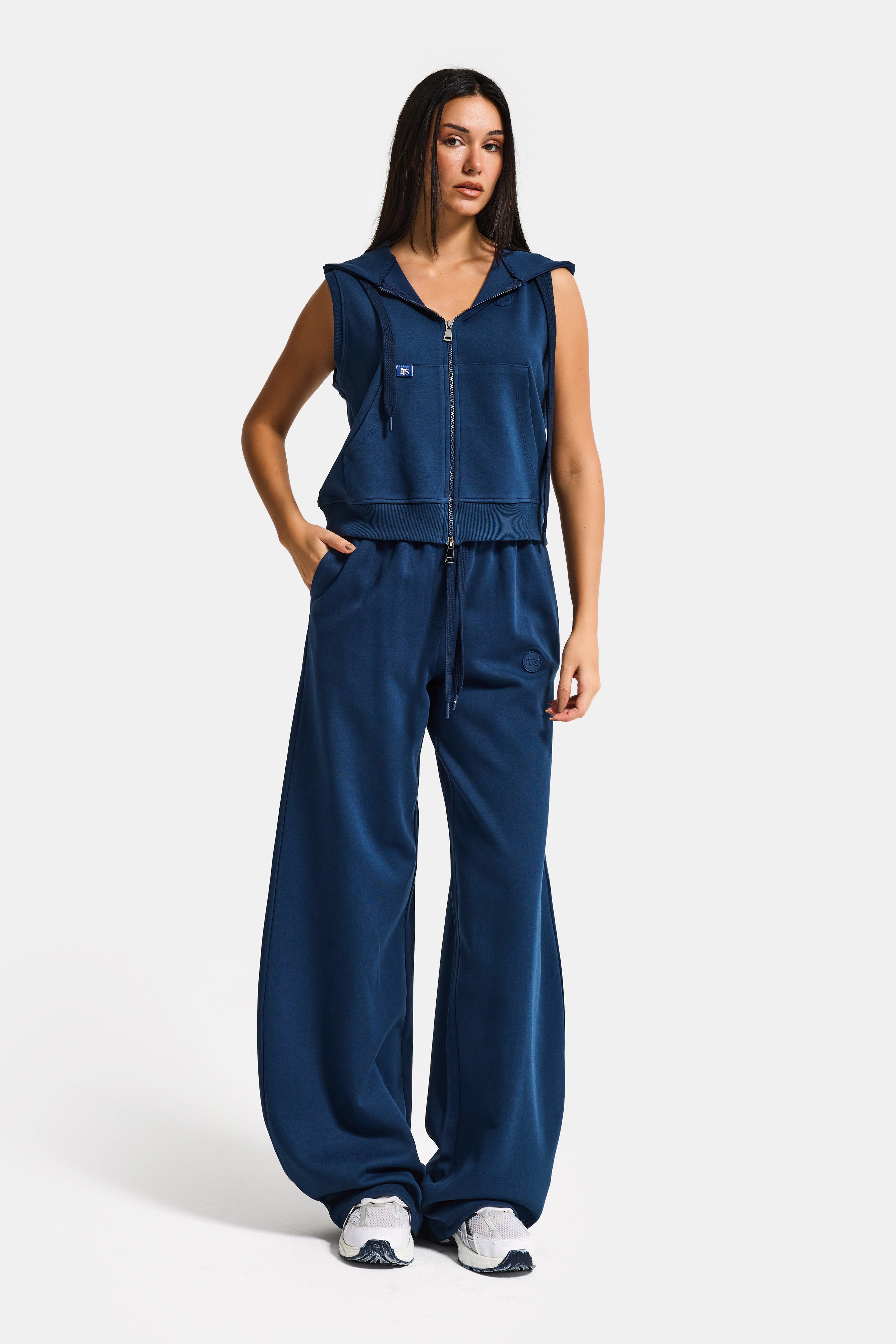 Kadın Lacivert s6-56 Alt Üst Kapüşonlu Yelek Yürüyüş Pantolonu 2'li Tasarım Takım