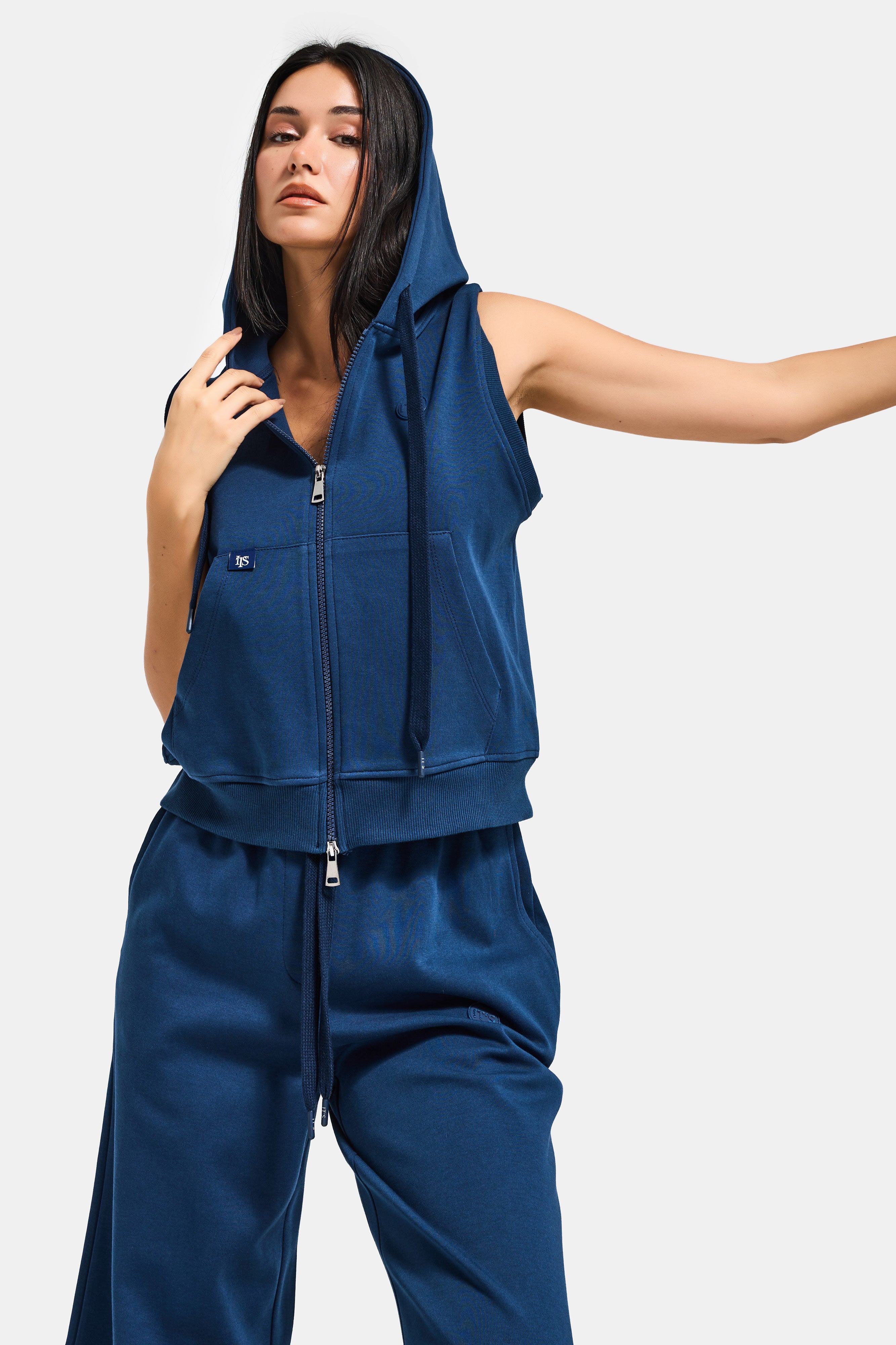Kadın Lacivert s6-56 Alt Üst Kapüşonlu Yelek Yürüyüş Pantolonu 2'li Tasarım Takım