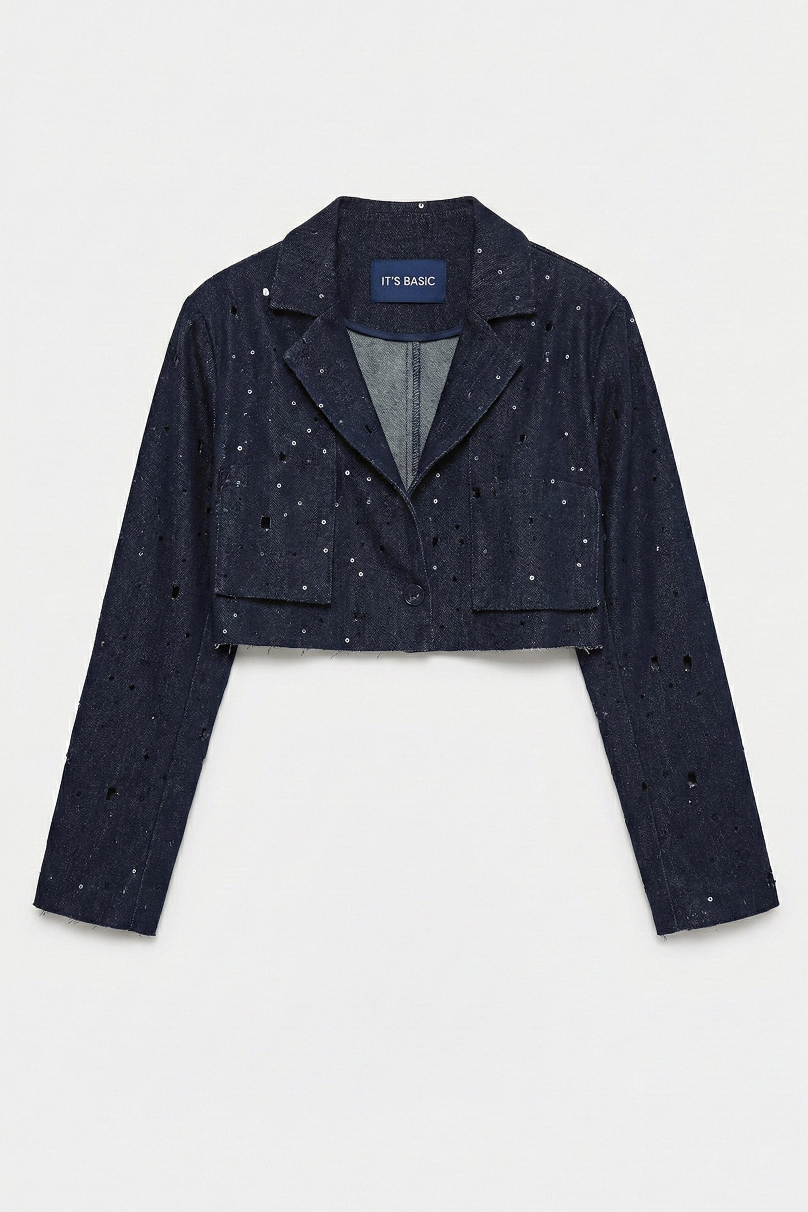 Kadın Lacivert s6-56 Crop Fit Özel Tasarım Delikli Denim Ceket