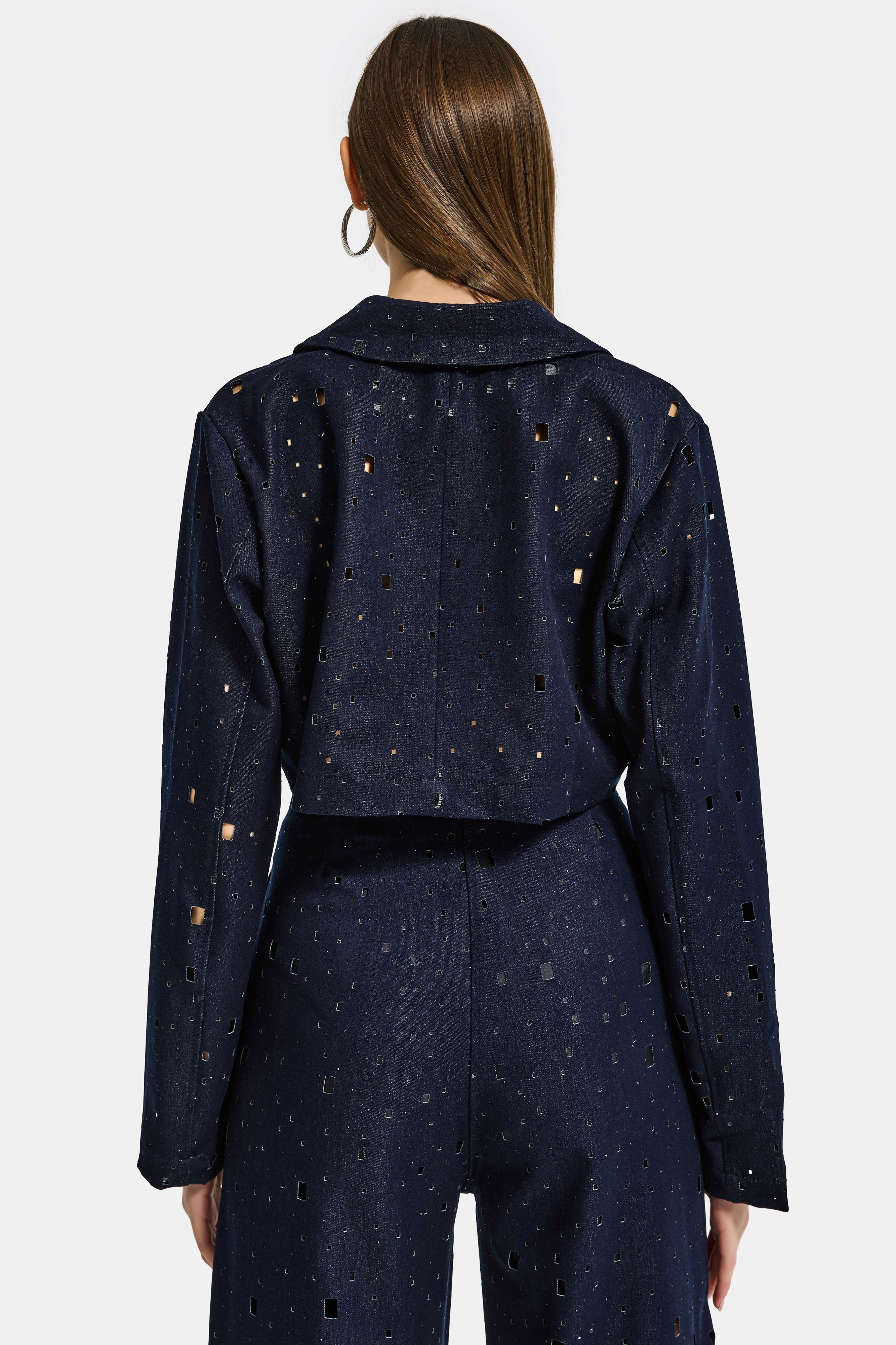 Kadın Lacivert s6-56 Crop Fit Özel Tasarım Delikli Denim Ceket