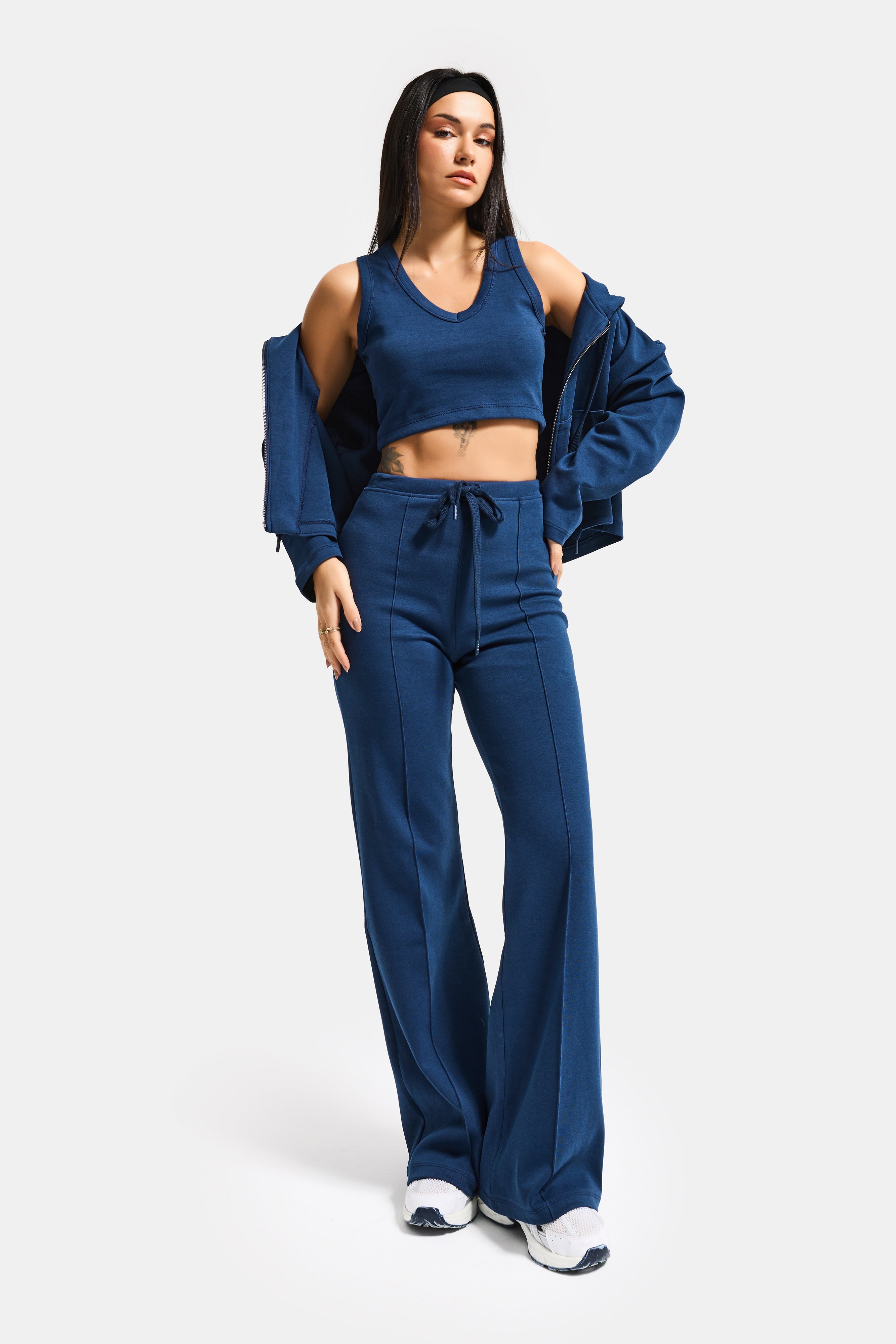 Kadın Lacivert s6-56 Örme Kumaş Flare Eşofman Büstiyer ve Fermuarlı Sweatshirt 3'lü Kombin Takım