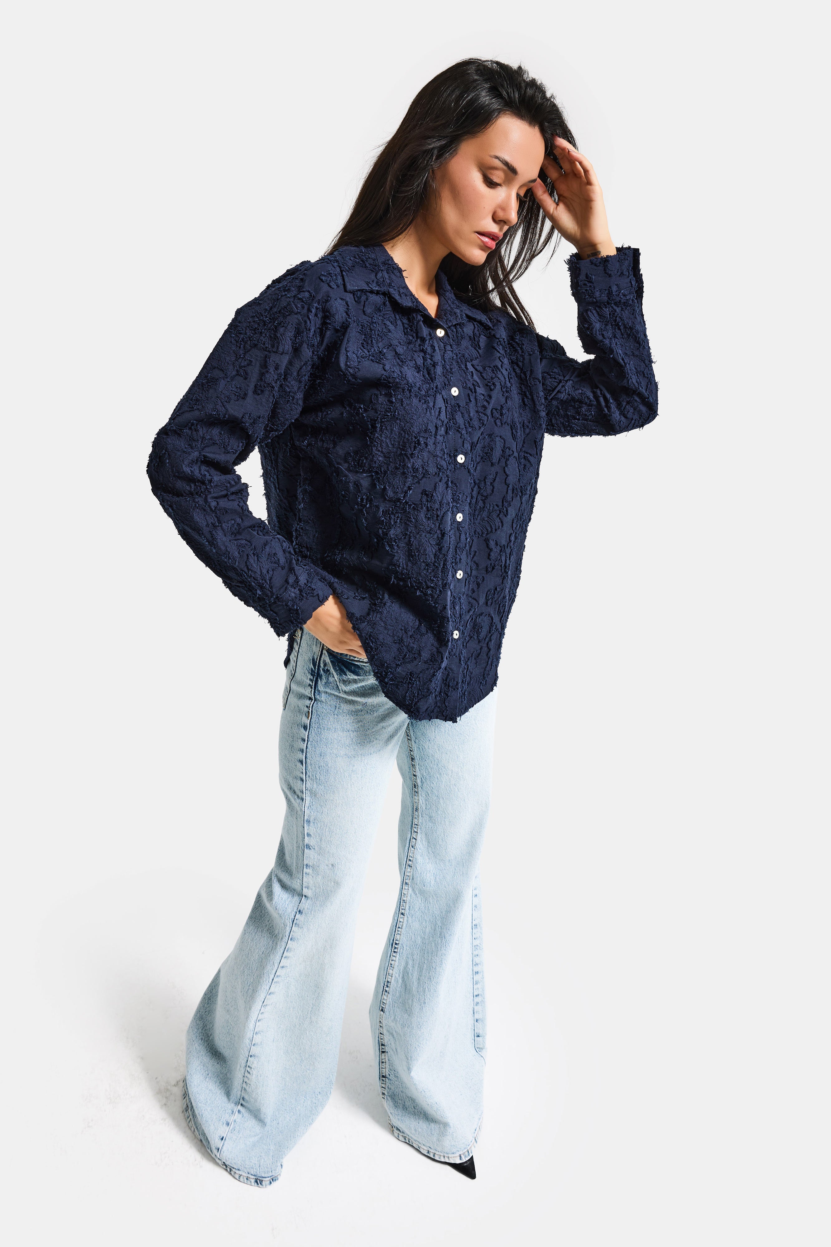 Kadın Lacivert s6-56 Özel Kumaş Bol Kesim Elastan Gömlek