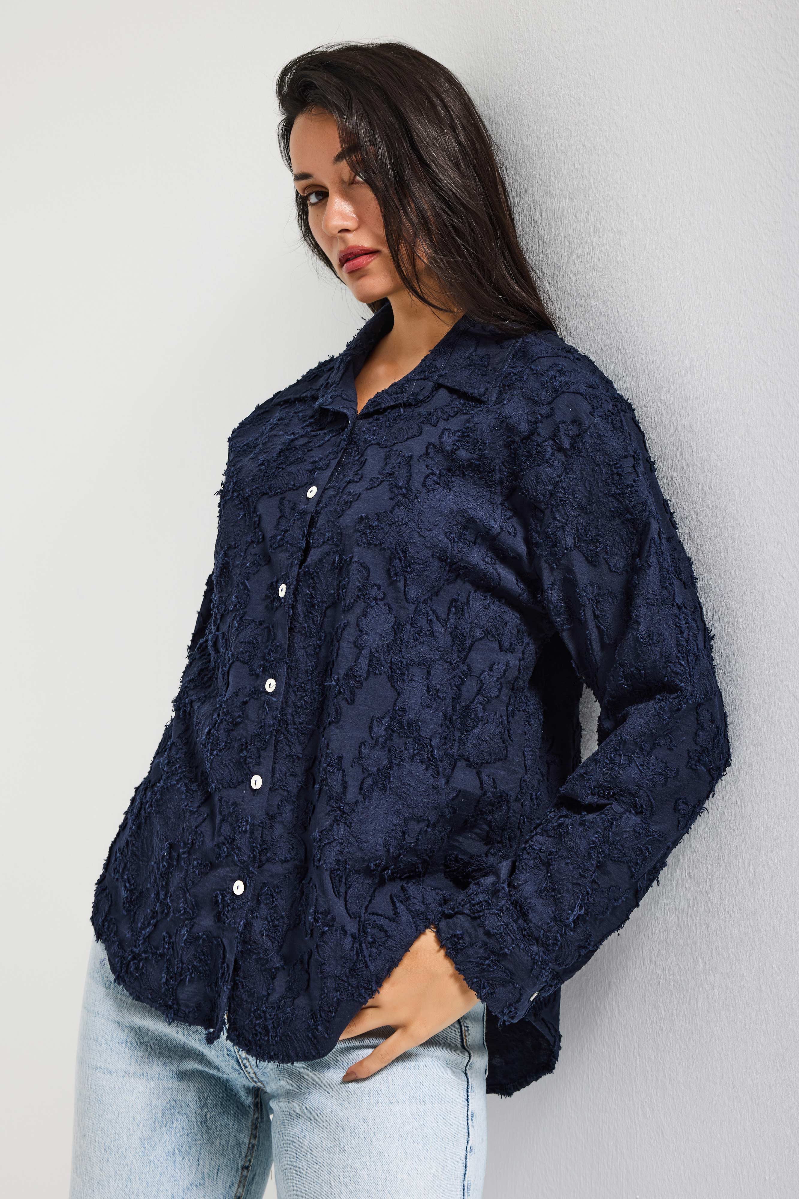 Kadın Lacivert s6-56 Özel Kumaş Bol Kesim Elastan Gömlek