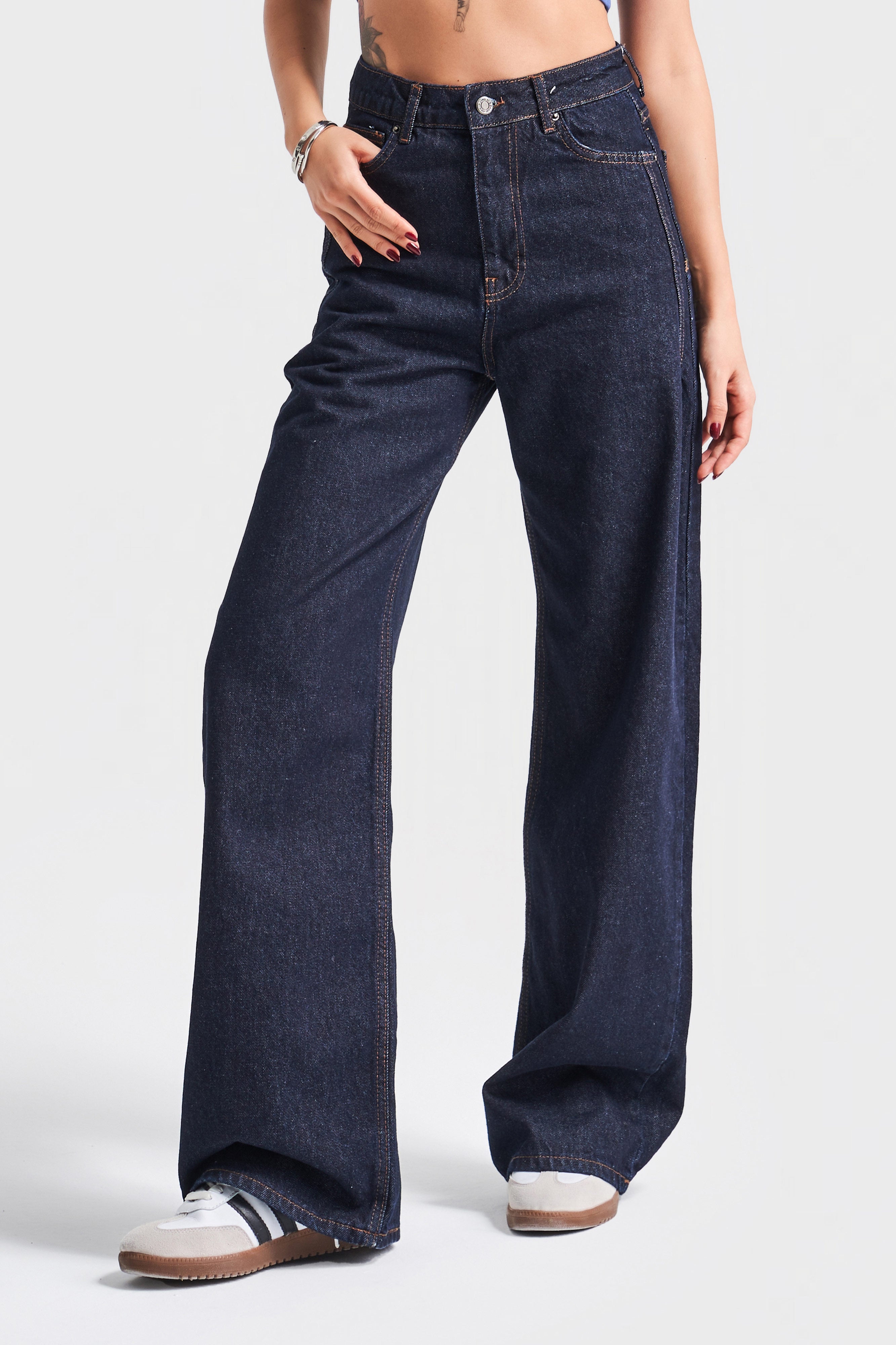 Kadın Lacivert Su Yıkama Olea 7W4-50 Wide Leg Fit %100 Koton Denim Jean