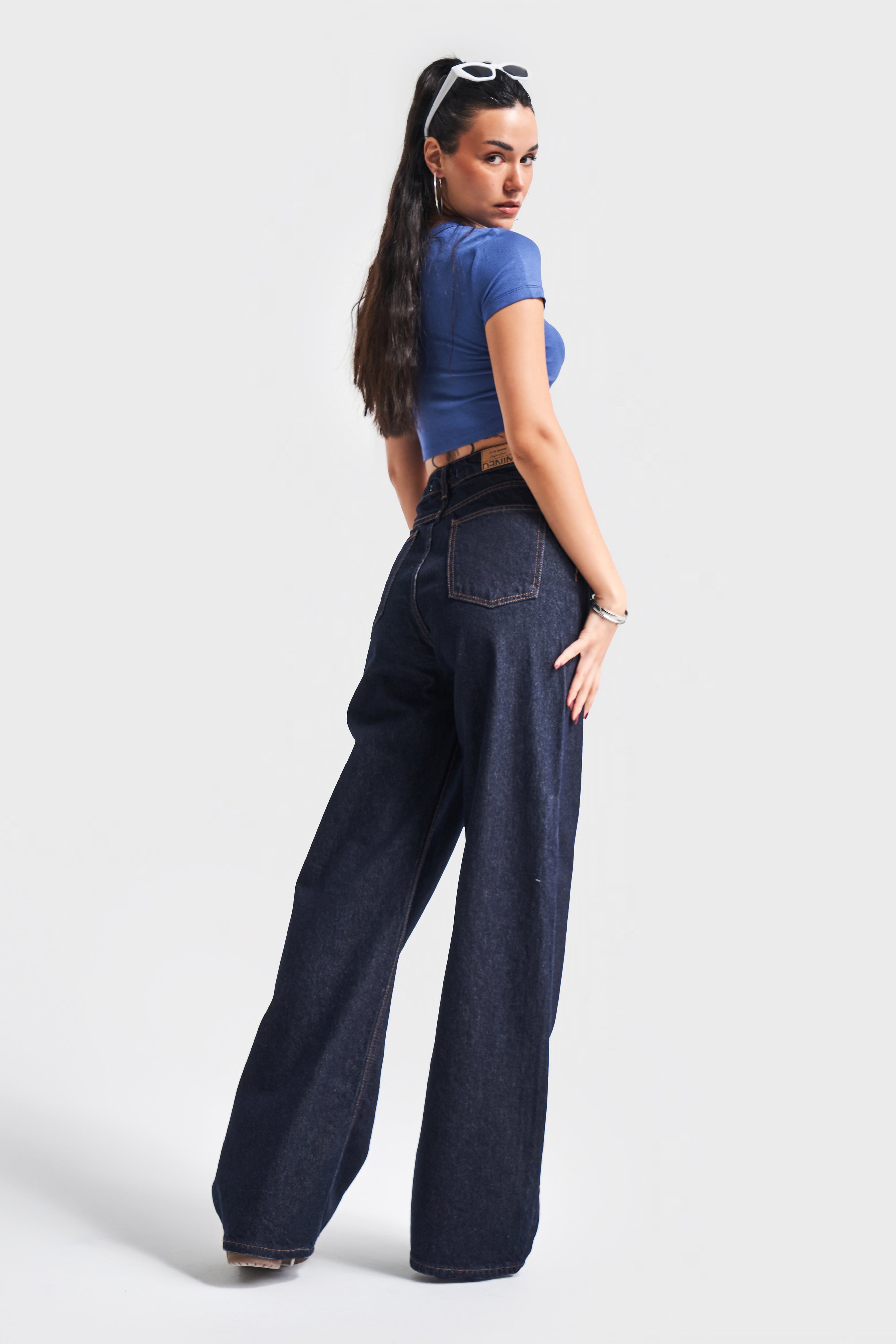 Kadın Lacivert Su Yıkama Olea 7W4-50 Wide Leg Fit %100 Koton Denim Jean