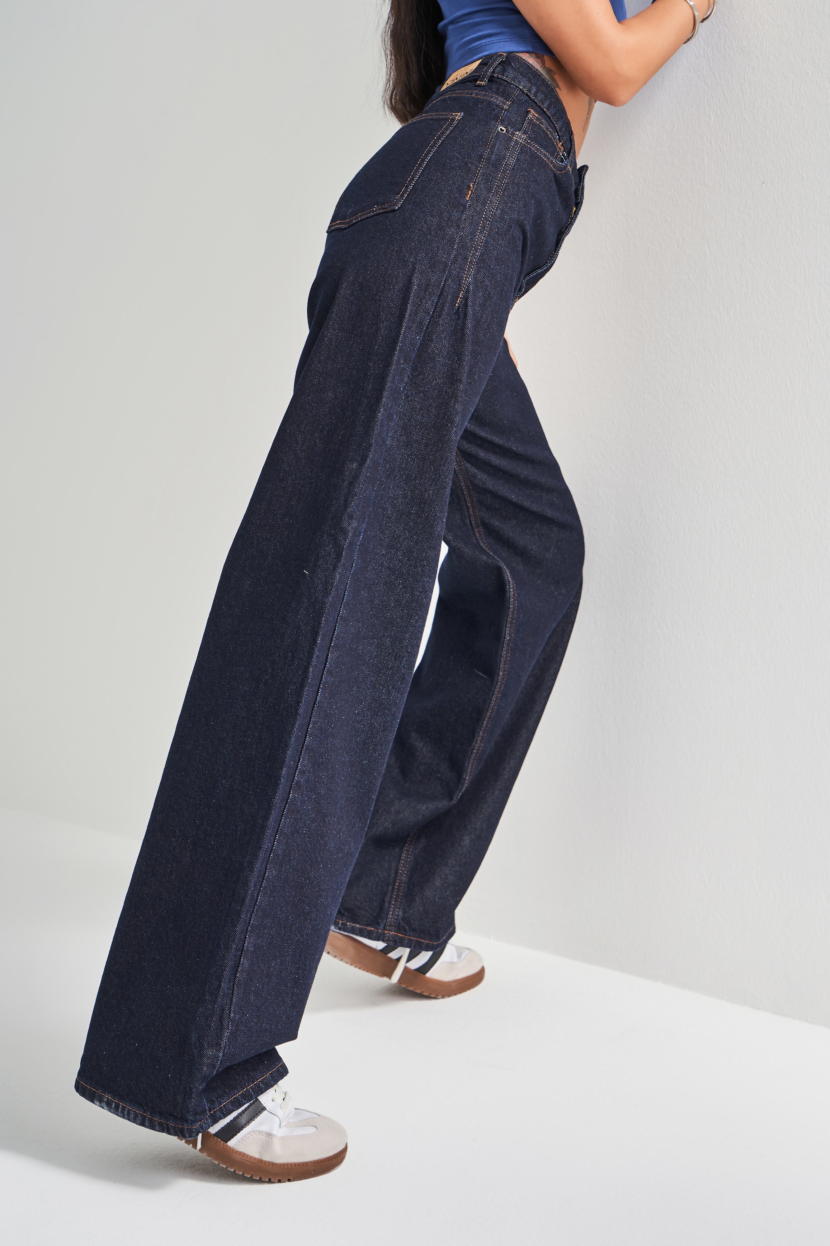 Kadın Lacivert Su Yıkama Olea 7W4-50 Wide Leg Fit %100 Koton Denim Jean