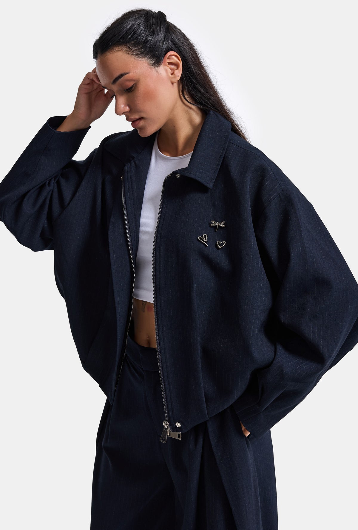 Kadın Lacivert w6-56 Bomber Oversize Aksesuar Detaylı Tasarım Ceket