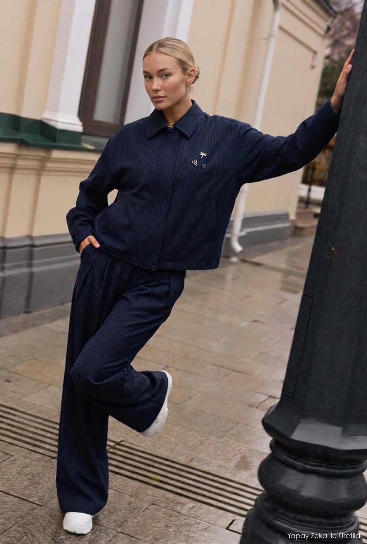 Kadın Lacivert w6-56 Bomber Oversize Aksesuar Detaylı Tasarım Ceket