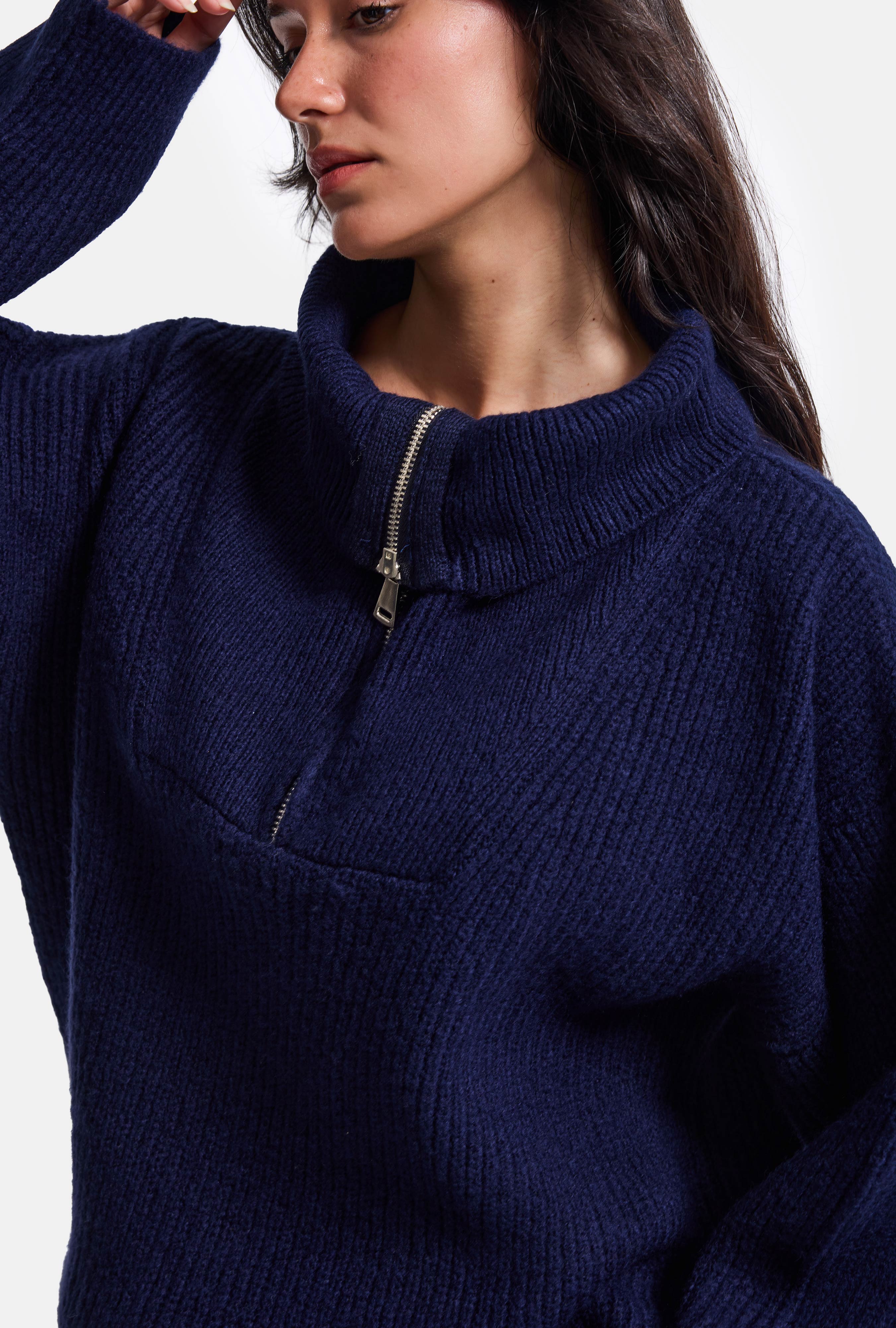 Kadın Lacivert w6-56 Oversize Fermuarlı Triko Kazak