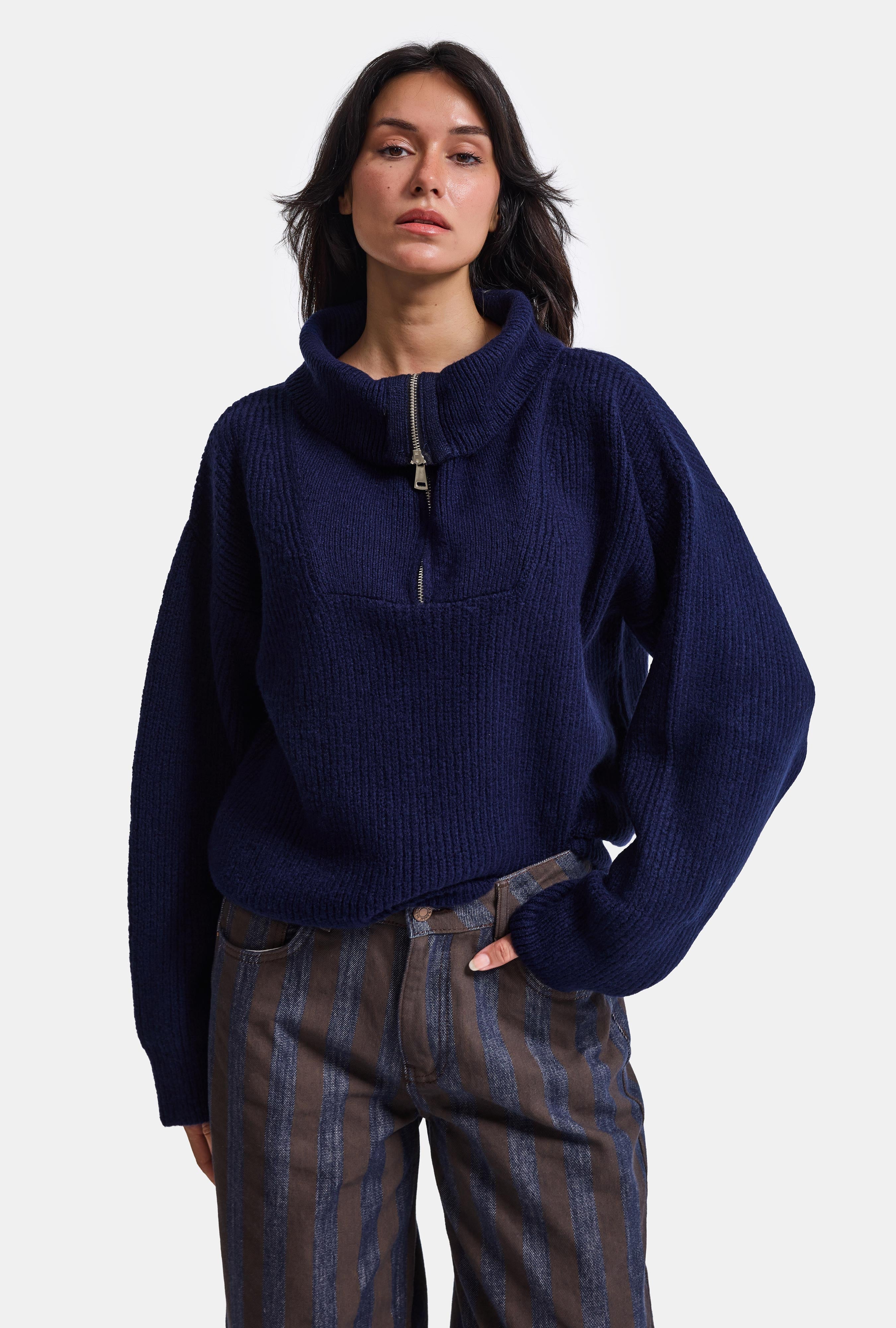 Kadın Lacivert w6-56 Oversize Fermuarlı Triko Kazak