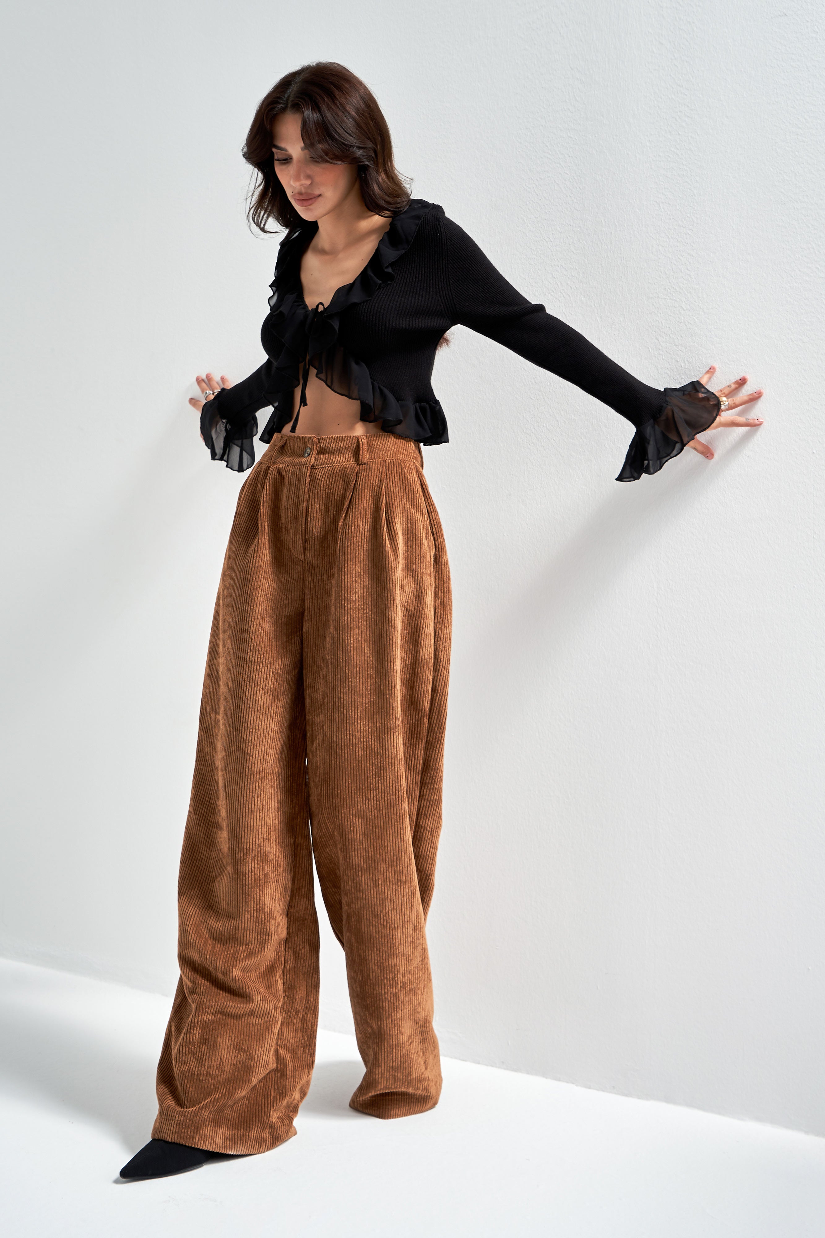 Kadın Latte Kahve w5-76 Süper Palazzo Fit Pileli Kalın Fitilli Velvet Kadife Kumaş Pantolon