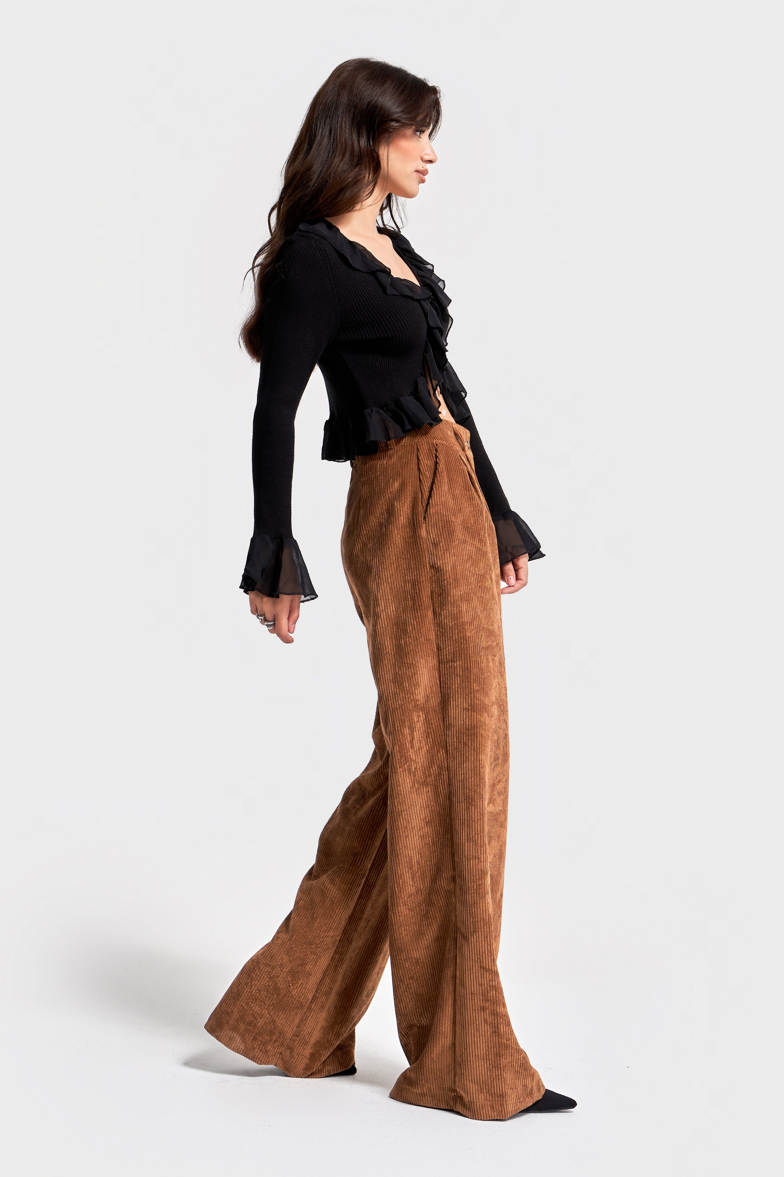 Kadın Latte Kahve w5-76 Süper Palazzo Fit Pileli Kalın Fitilli Velvet Kadife Kumaş Pantolon