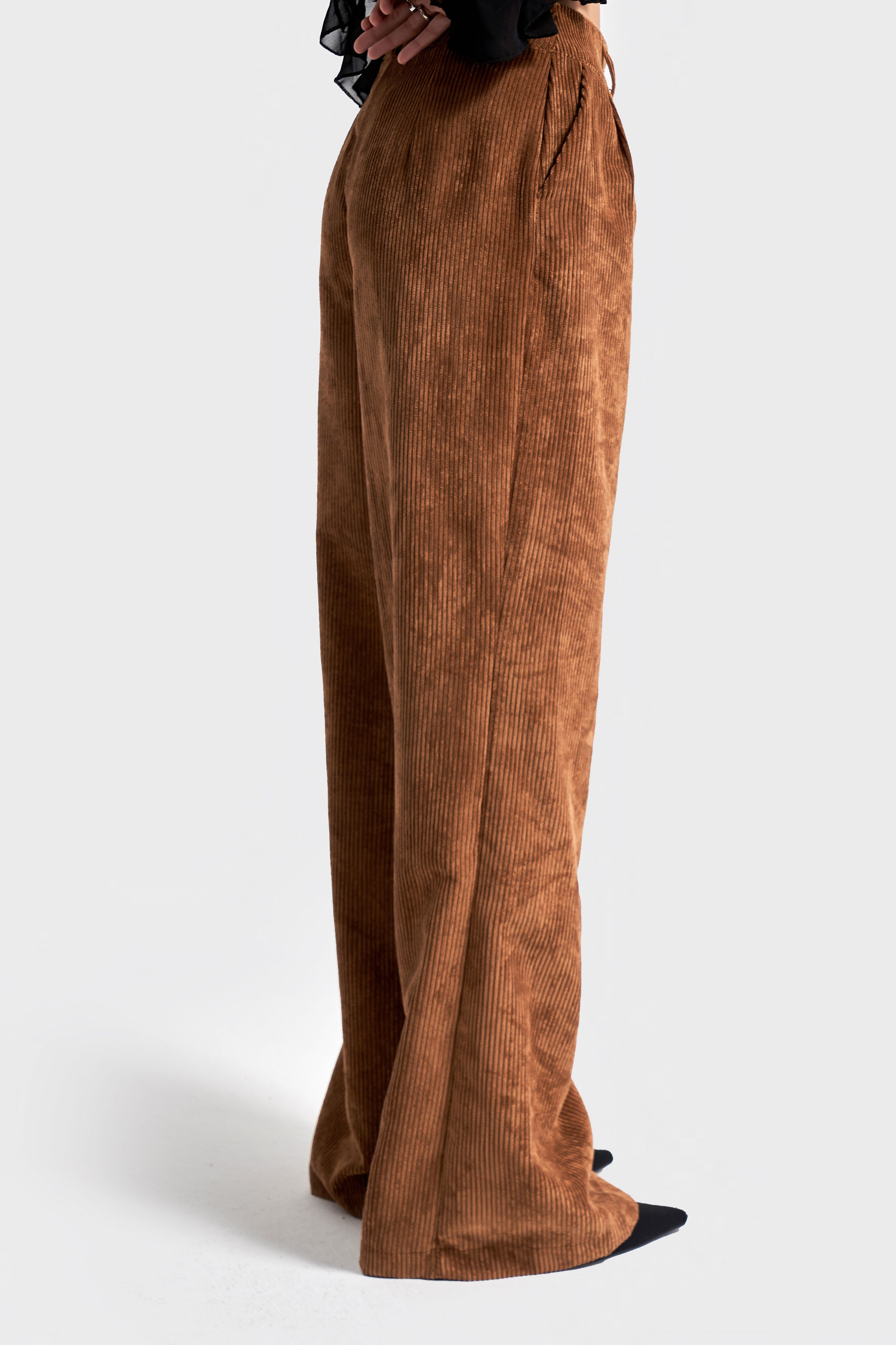 Kadın Latte Kahve w5-76 Süper Palazzo Fit Pileli Kalın Fitilli Velvet Kadife Kumaş Pantolon