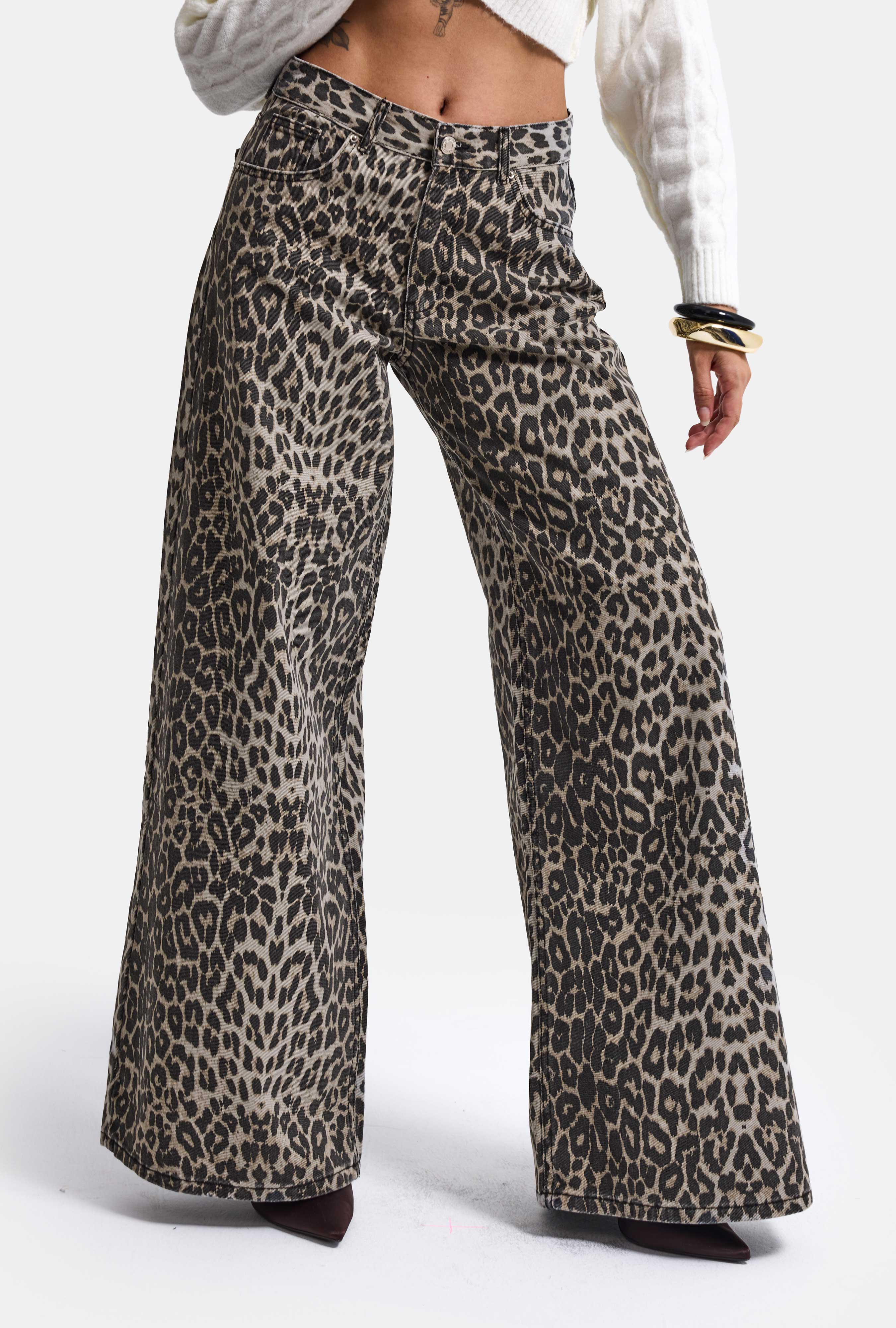Kadın Leopar 1w6-26 Palazzo Fit Özel Desen Denim Jean