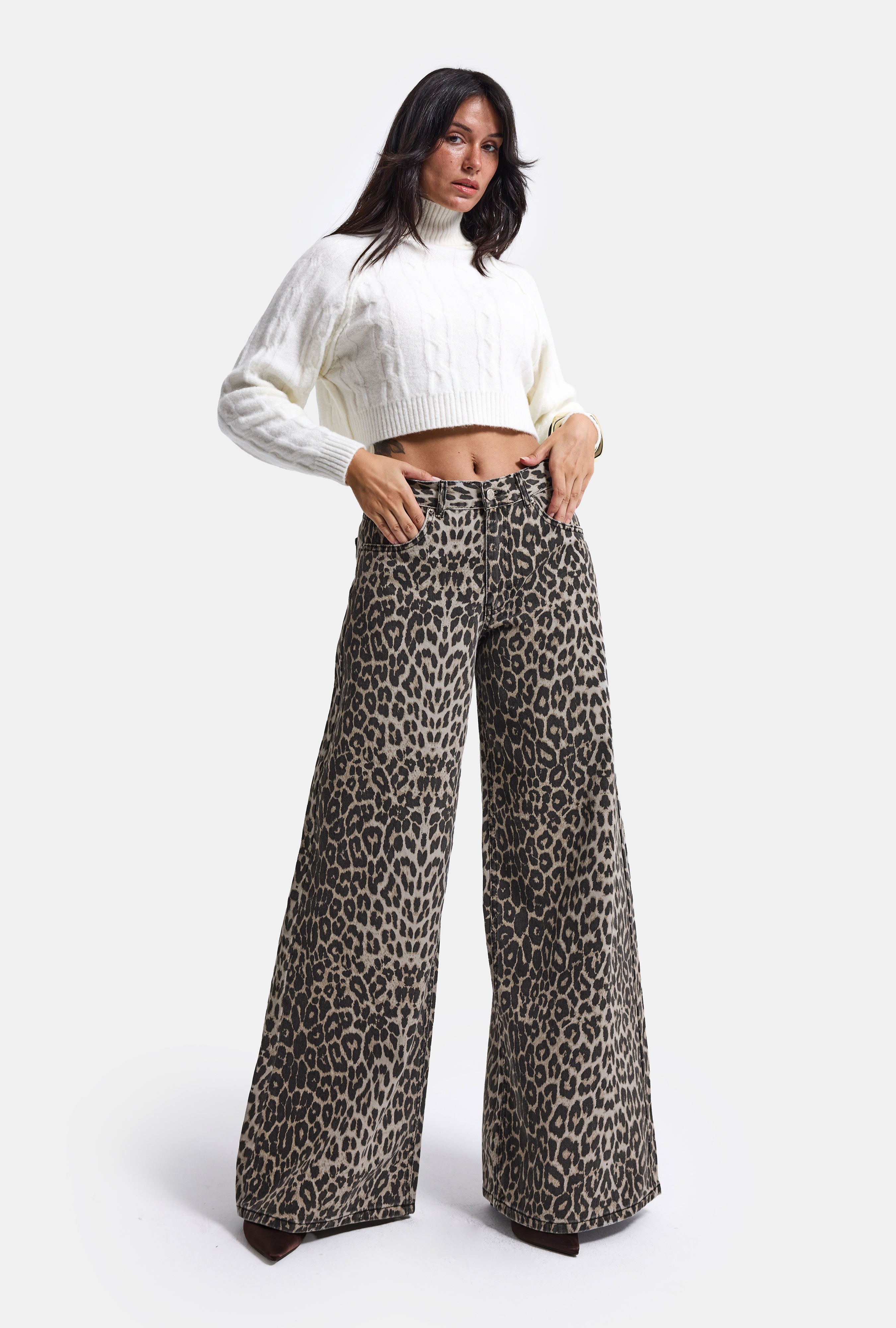 Kadın Leopar 1w6-26 Palazzo Fit Özel Desen Denim Jean
