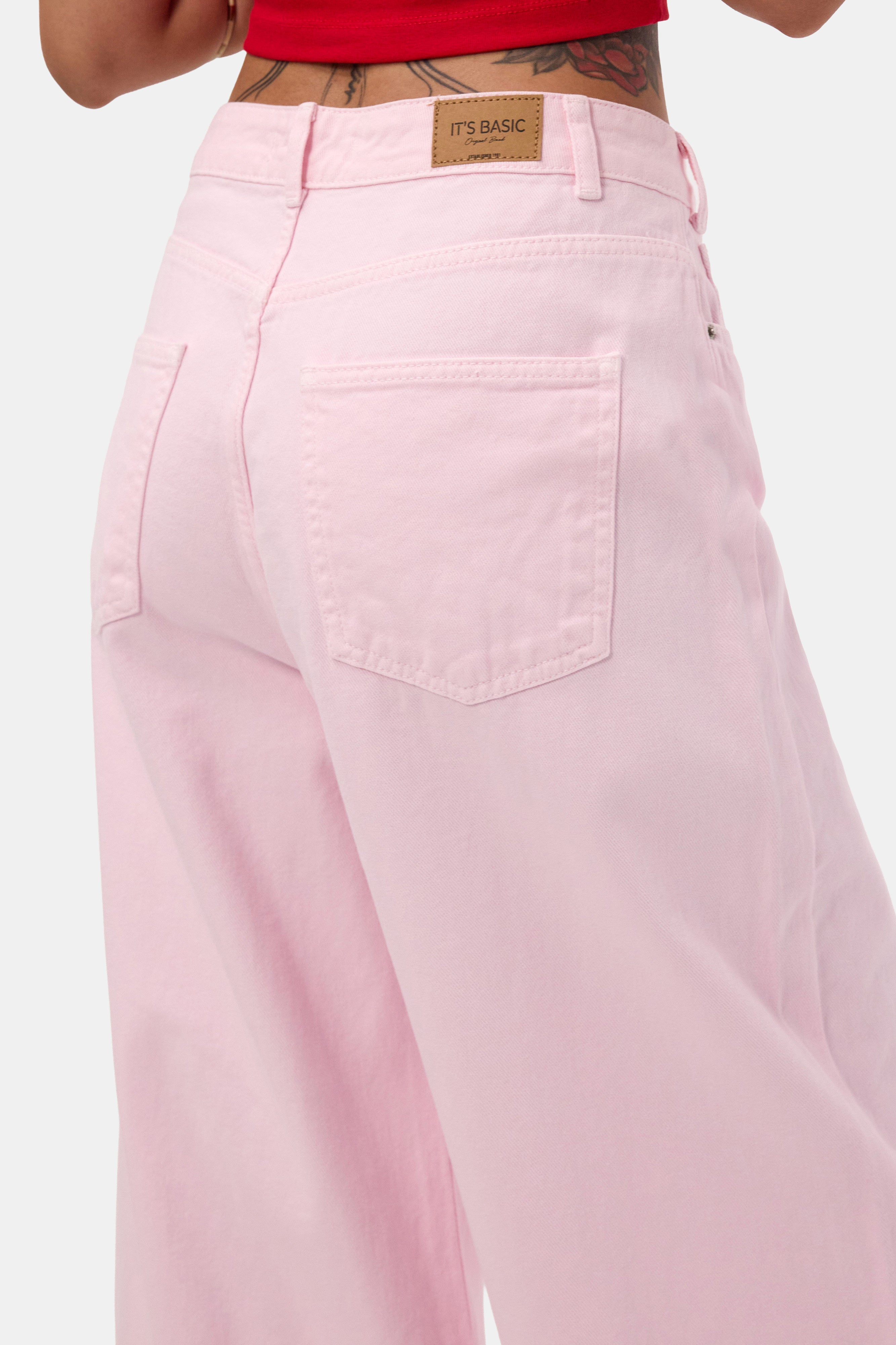 Kadın Light Pembe 6s6-98 Mega Baggy Fit Kemer Detaylı Denim Jean