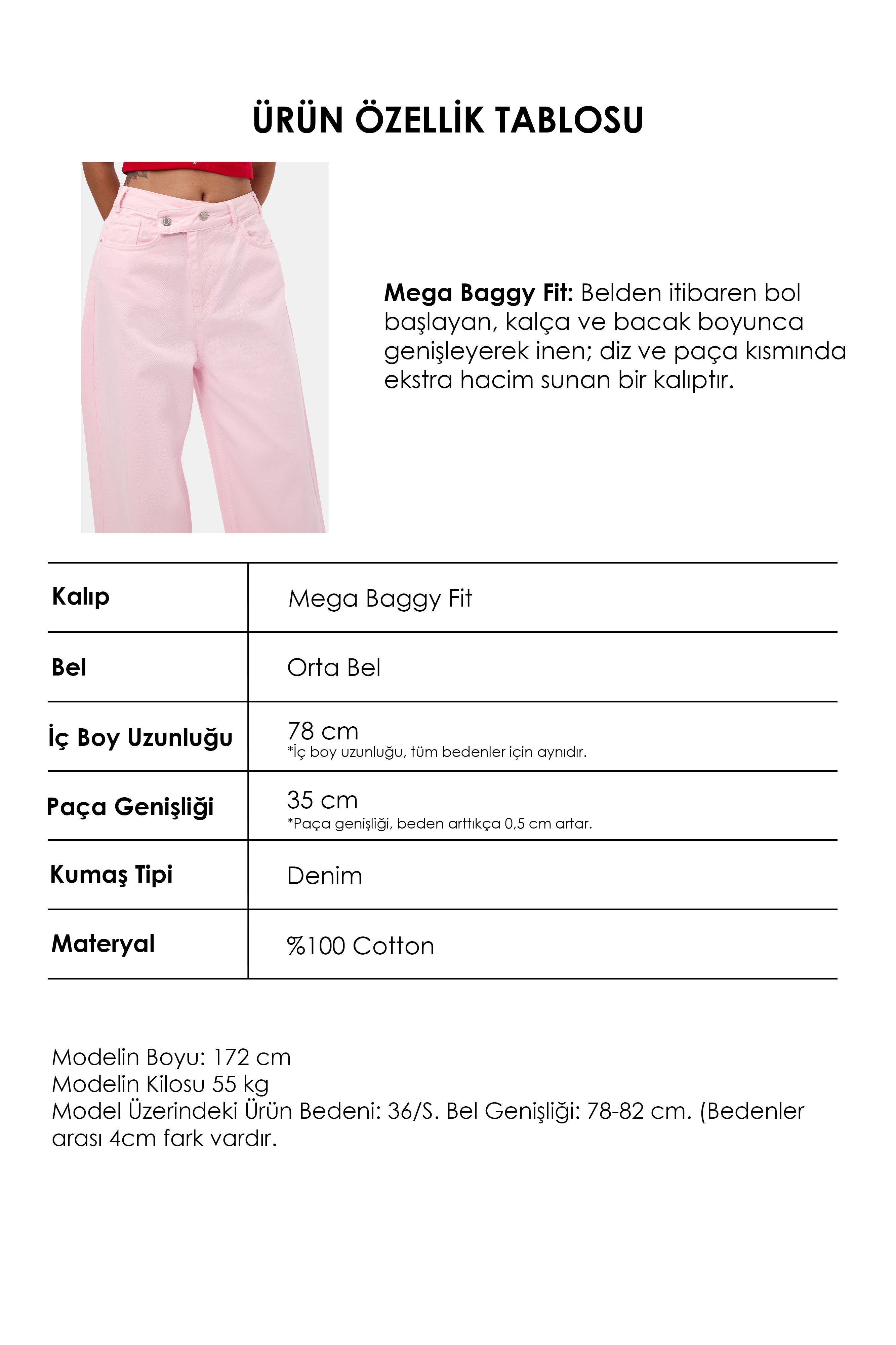 Kadın Light Pembe 6s6-98 Mega Baggy Fit Kemer Detaylı Denim Jean