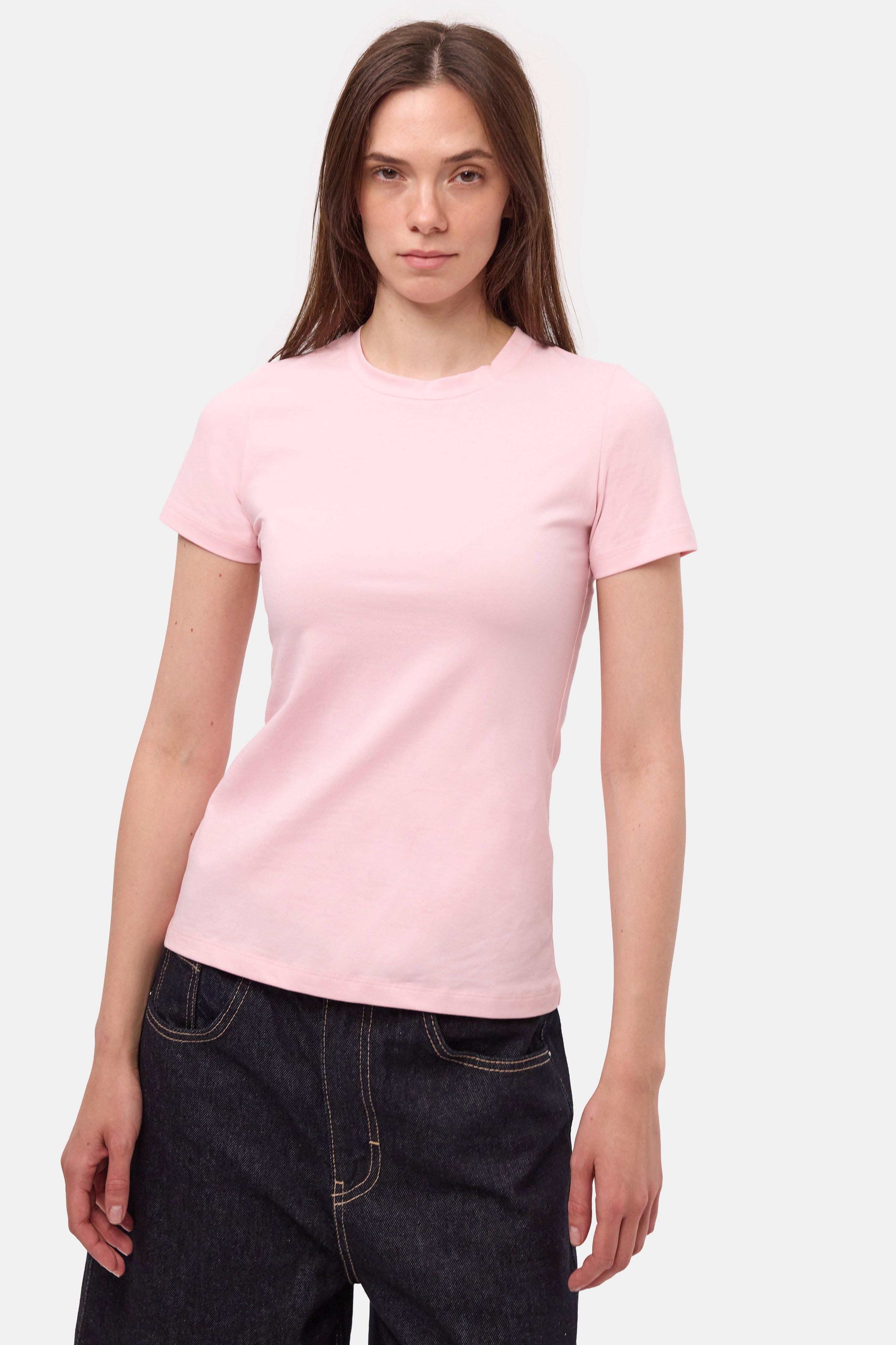 Kadın Light Pembe s6-98 Bisiklet Yaka %100 Organik Pamuk Esnek Kumaş T-Shirt