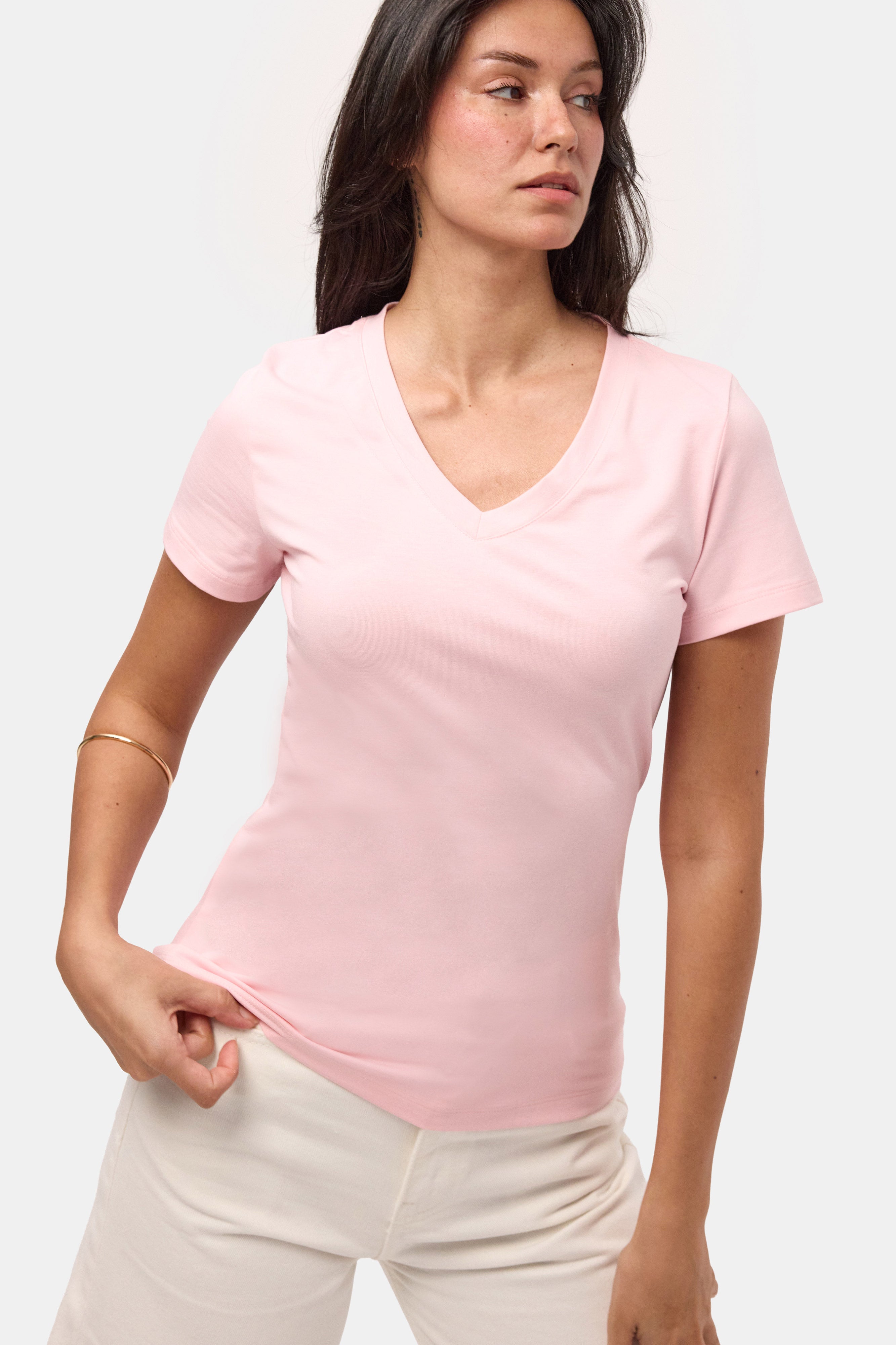 Kadın Light Pembe s6-98 V Yaka %100 Organik Pamuk Esnek Kumaş T-Shirt
