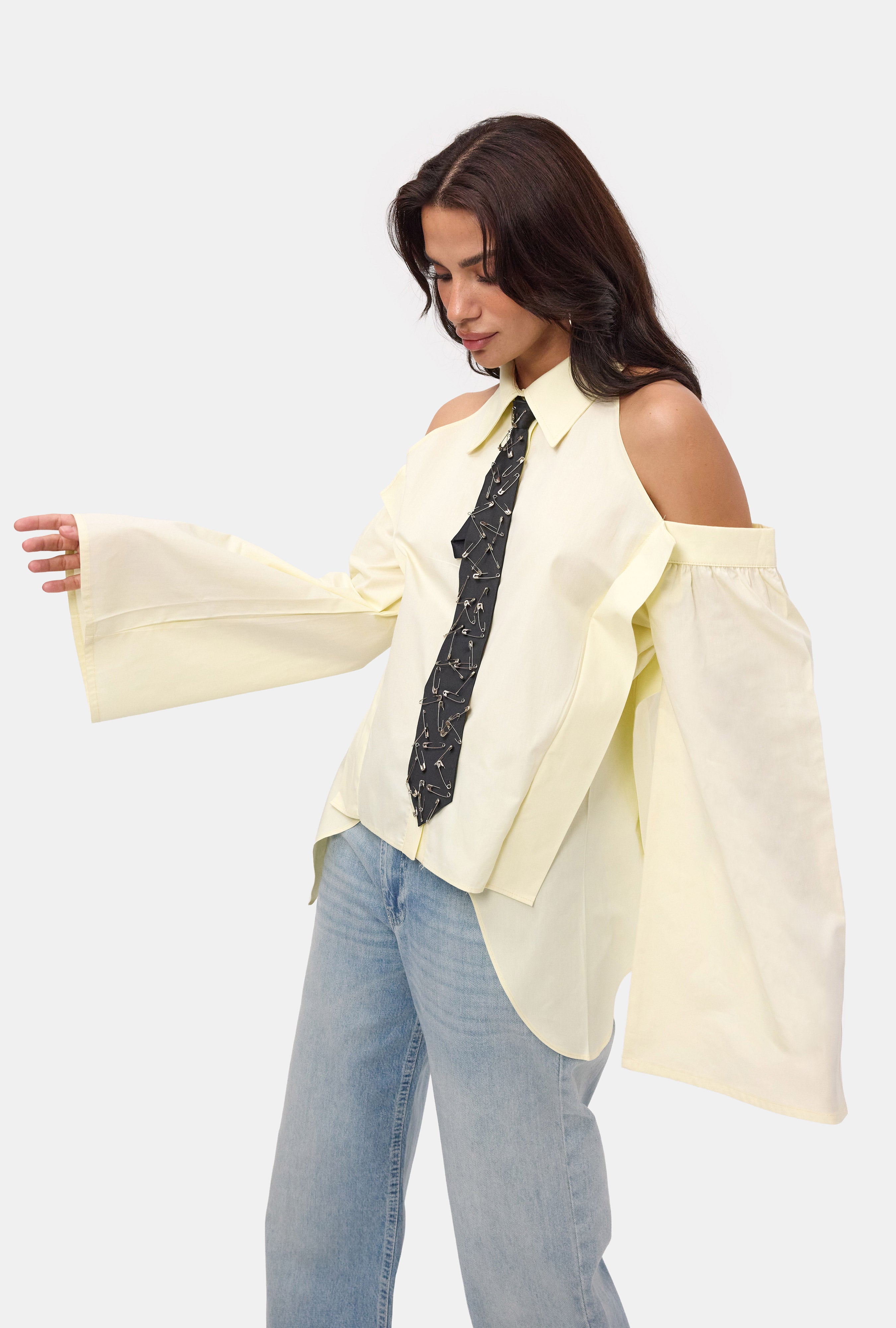 Kadın Light Sarı Oversize Kravatlı Özel Tasarım Gömlek