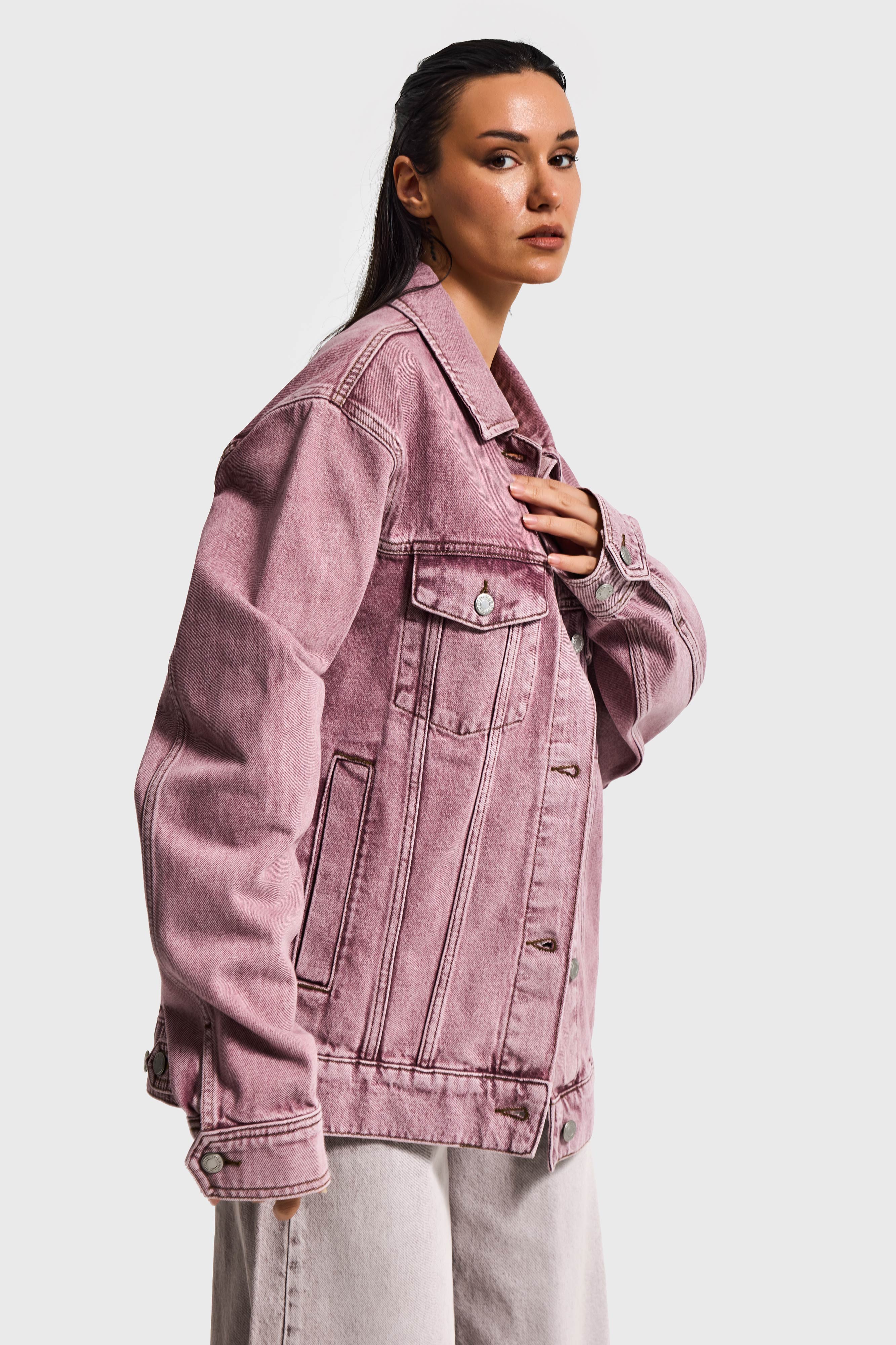 Kadın Lila 3s6-98 Oversize Özel Yıkamalı Bol Kesim Denim Ceket