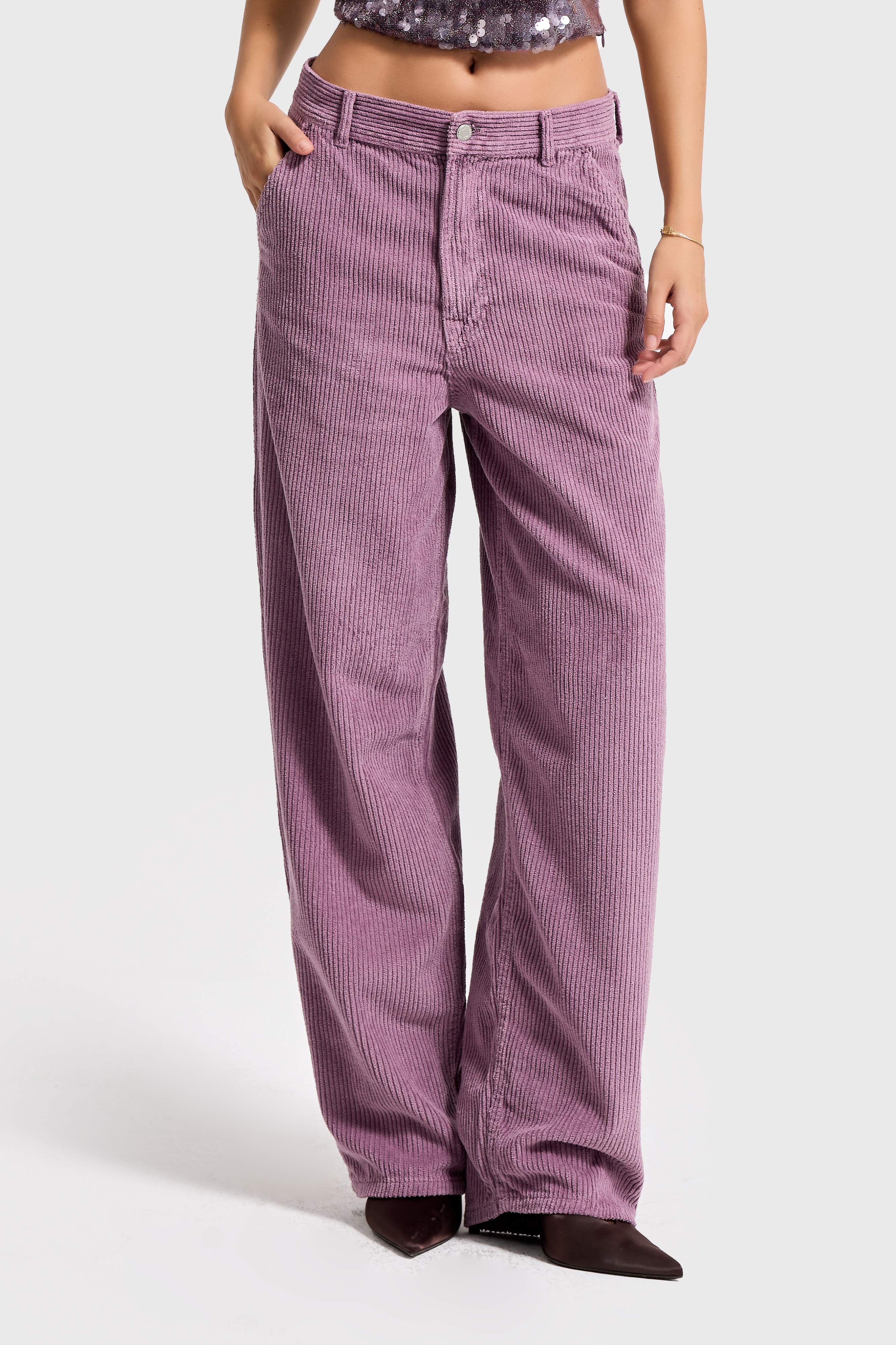 Kadın Lila Renk 29w5-111 Skater Fit Kalın Fitilli Velvet Kadife Kumaş Pantolon