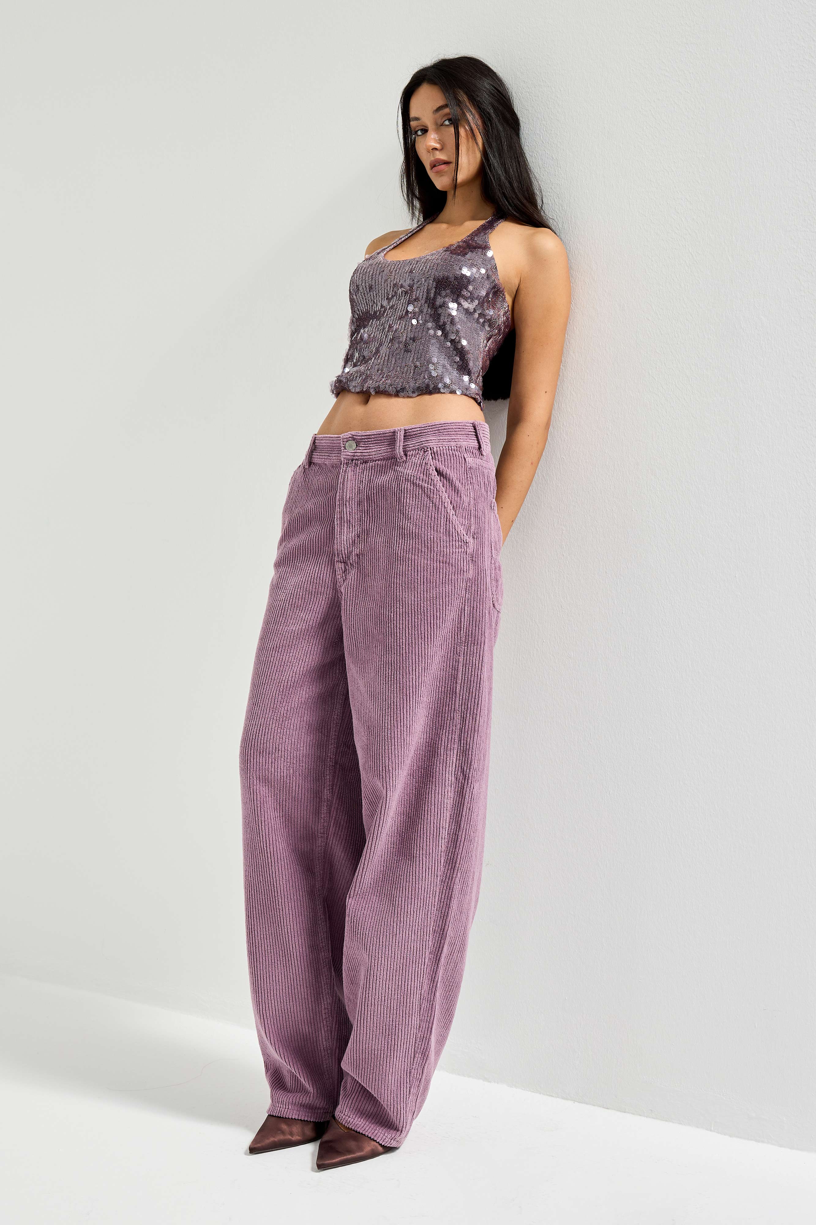 Kadın Lila Renk 29w5-111 Skater Fit Kalın Fitilli Velvet Kadife Kumaş Pantolon