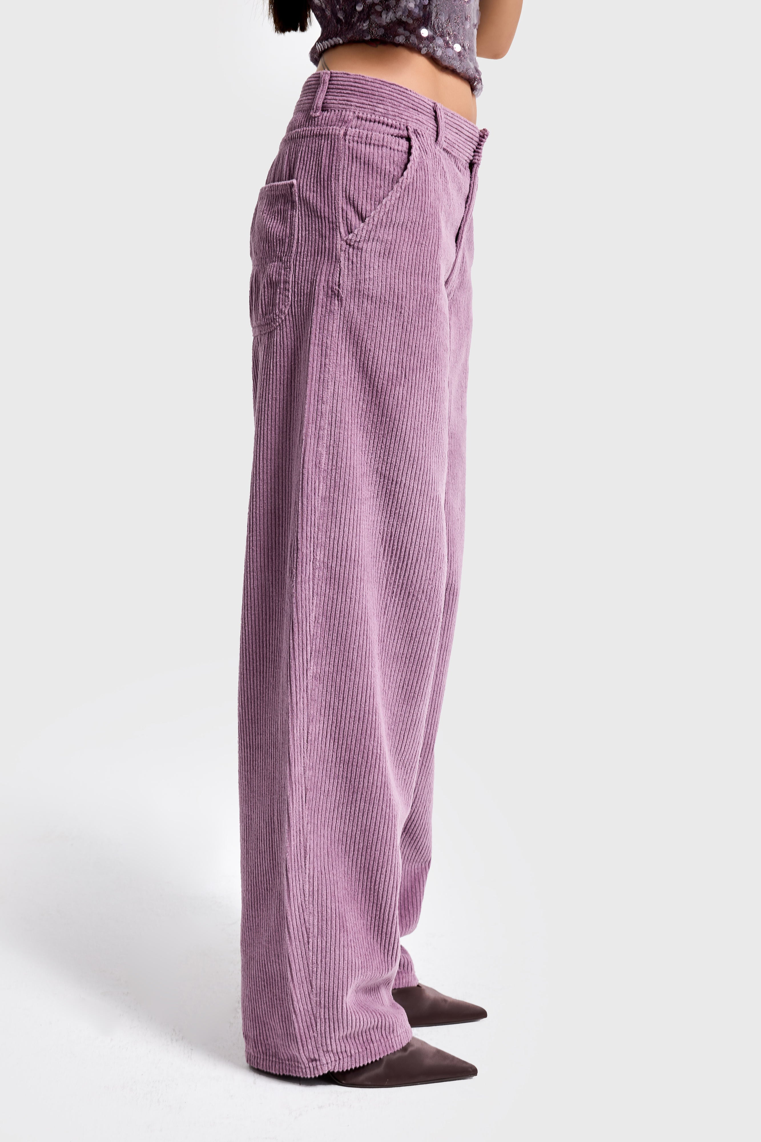 Kadın Lila Renk 29w5-111 Skater Fit Kalın Fitilli Velvet Kadife Kumaş Pantolon