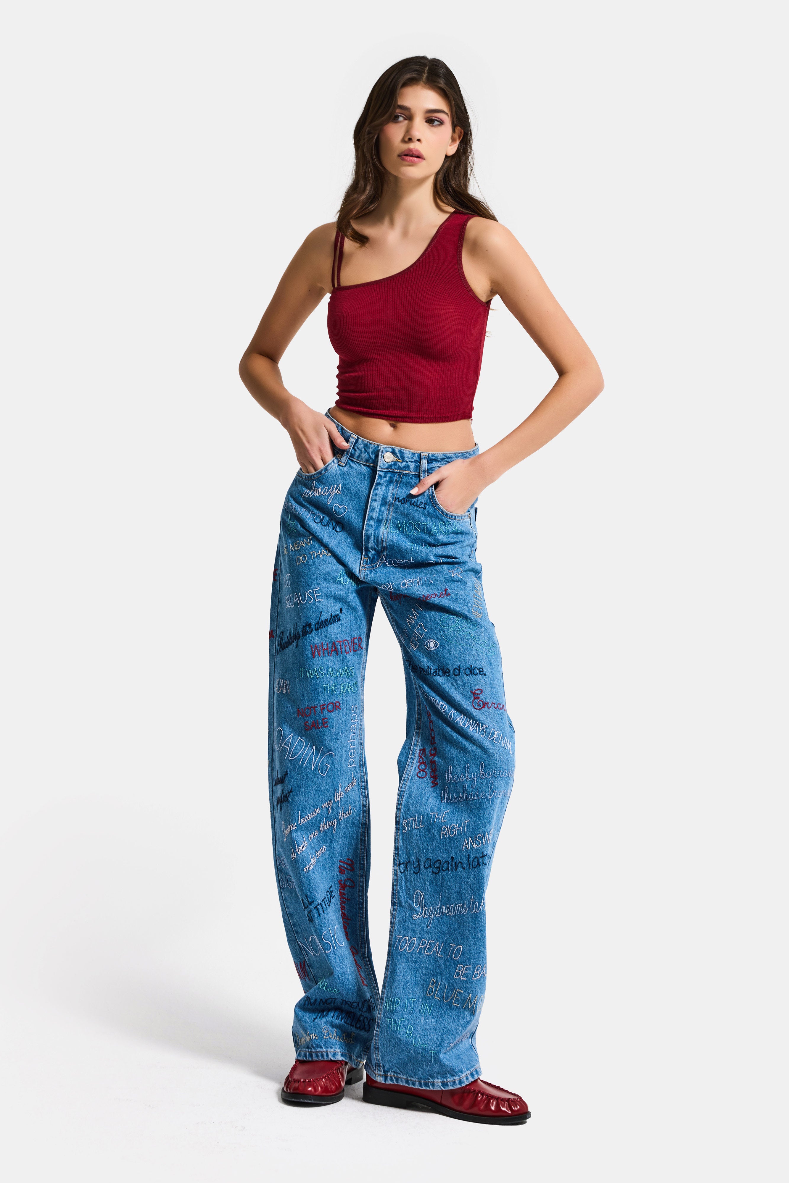 Kadın Mavi 1s6-4 Straight Fit Yüksek Bel %100 Koton Özel Tasarım Denim Jean