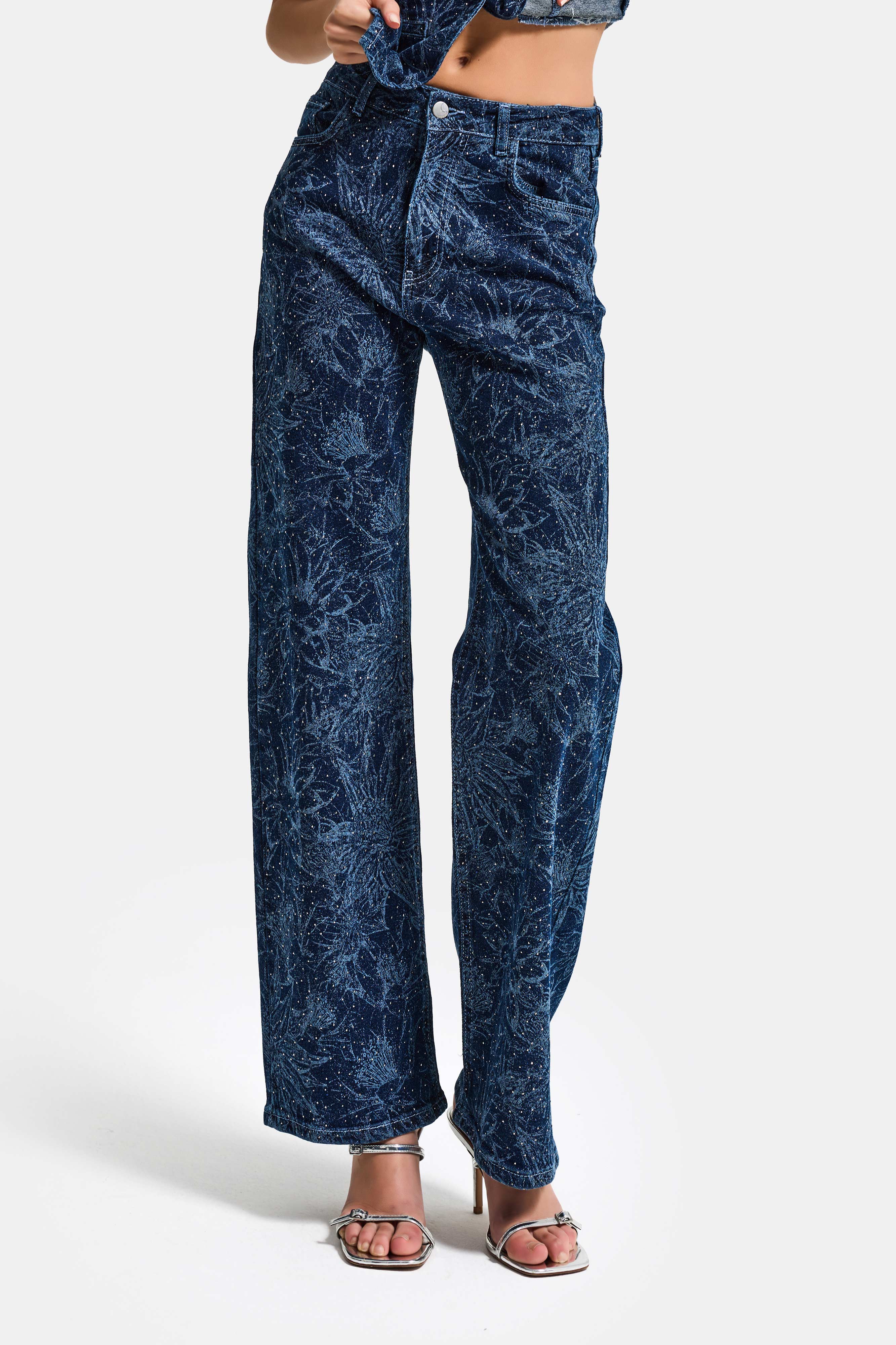Kadın Mavi 1s6-7 Straight Fit Çiçek Desenli Parlak Taşlı Tasarım Elastan Denim Jean