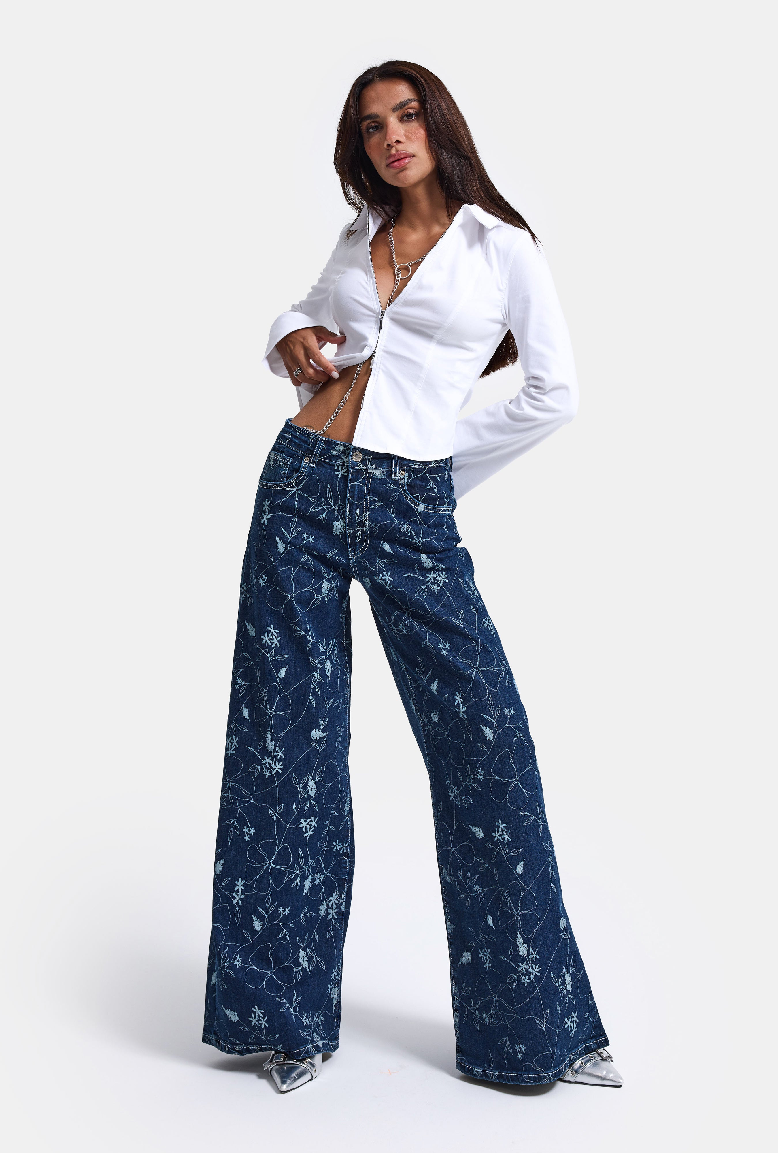 Kadın Mavi 1w6-5 Palazzo Fit Özel Çiçek Baskılı Kumaş Tasarım Denim Jean