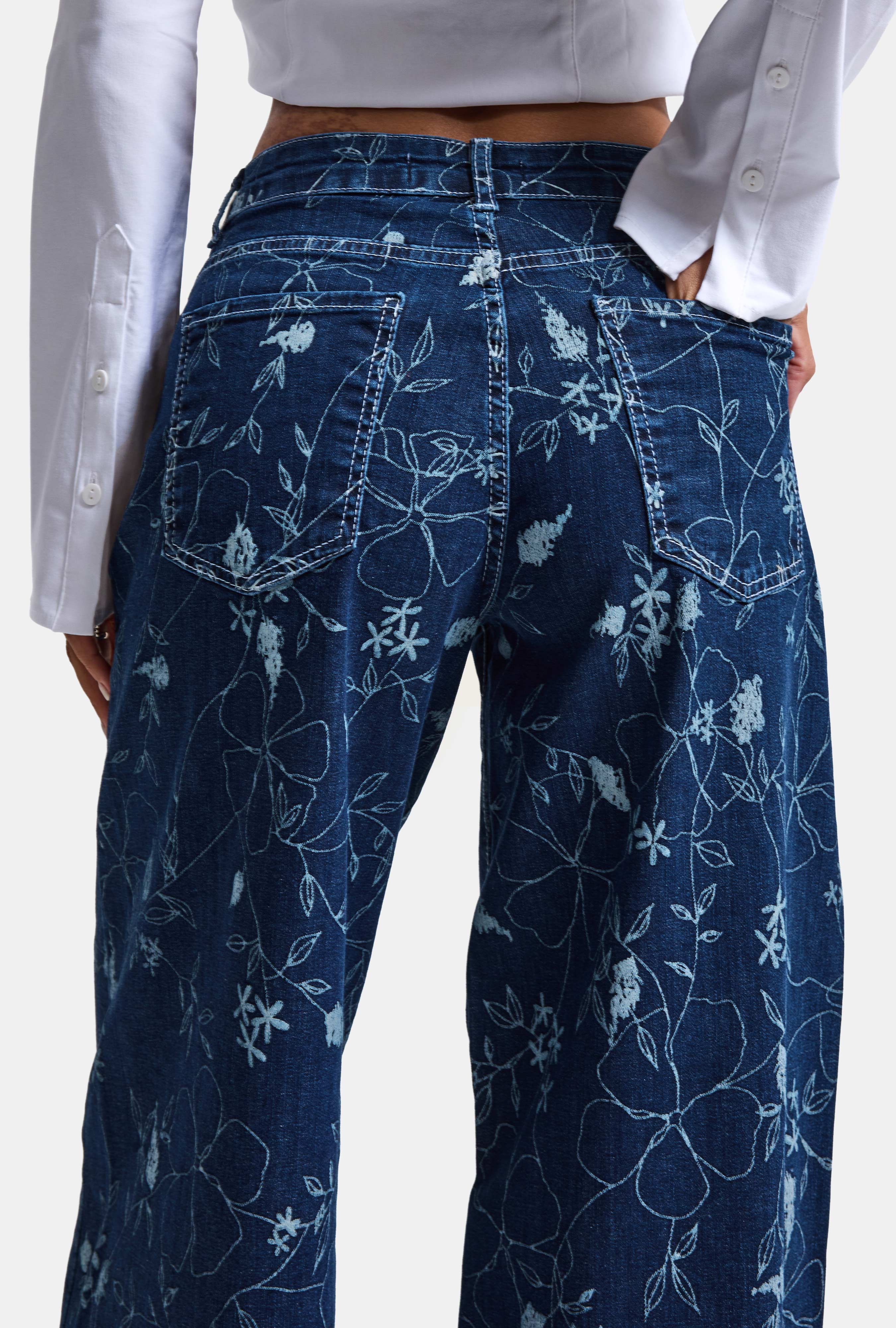 Kadın Mavi 1w6-5 Palazzo Fit Özel Çiçek Baskılı Kumaş Tasarım Denim Jean
