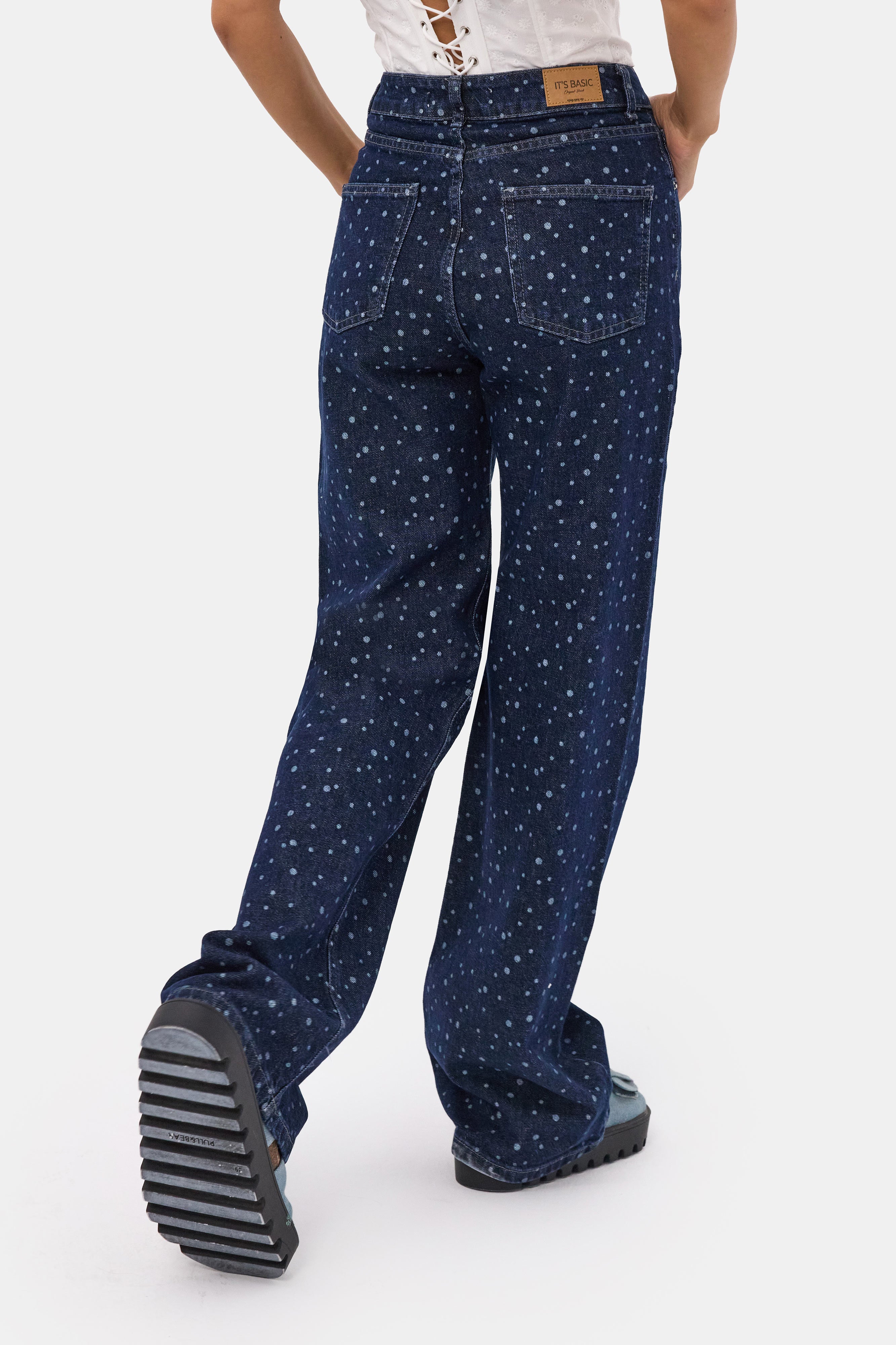 Kadın Mavi 1w6-7 Wide Leg Puantiyeli Denim Jean