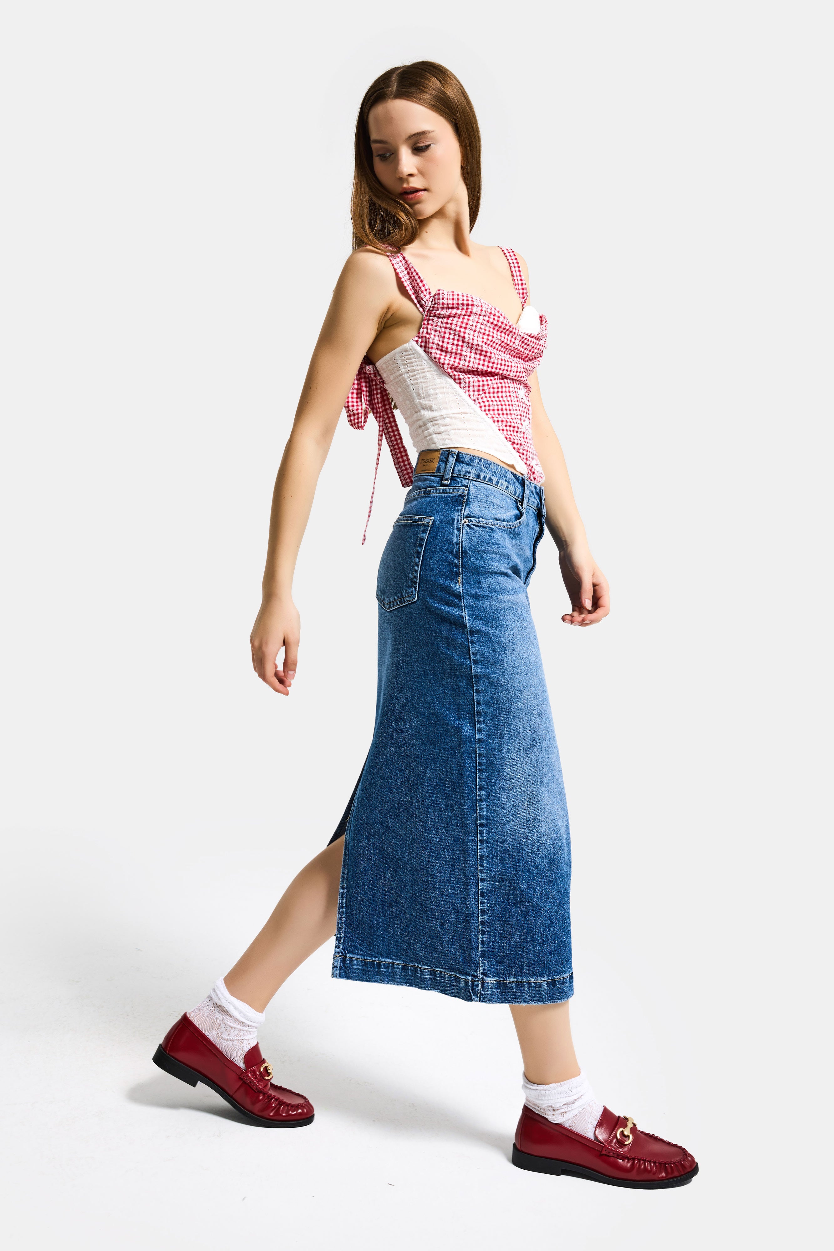 Kadın Mavi 2s6-4 Maxi Komfort Kumaş Arkadan Yırtmaçlı Denim Etek