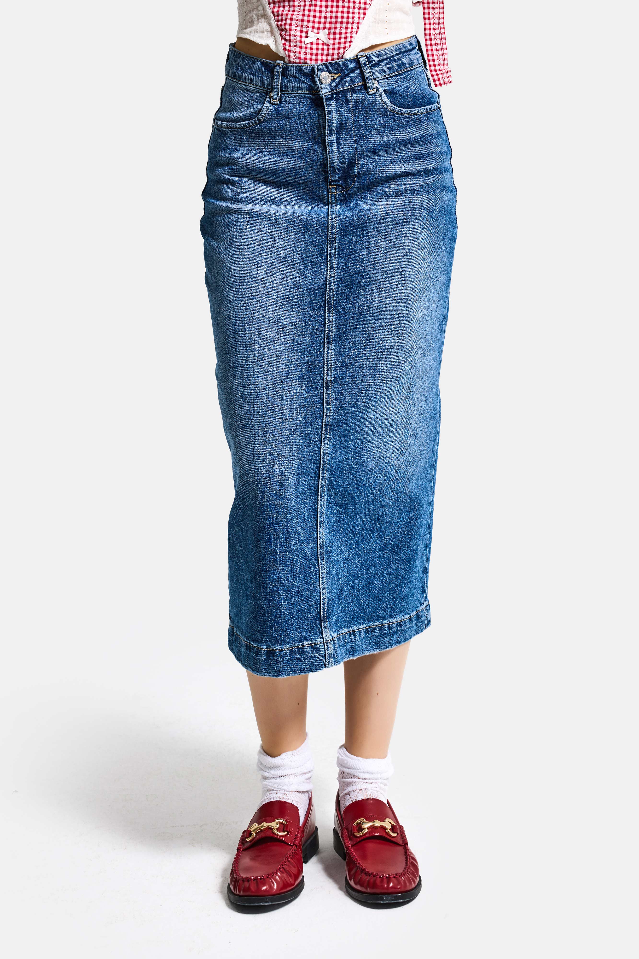 Kadın Mavi 2s6-4 Maxi Komfort Kumaş Arkadan Yırtmaçlı Denim Etek