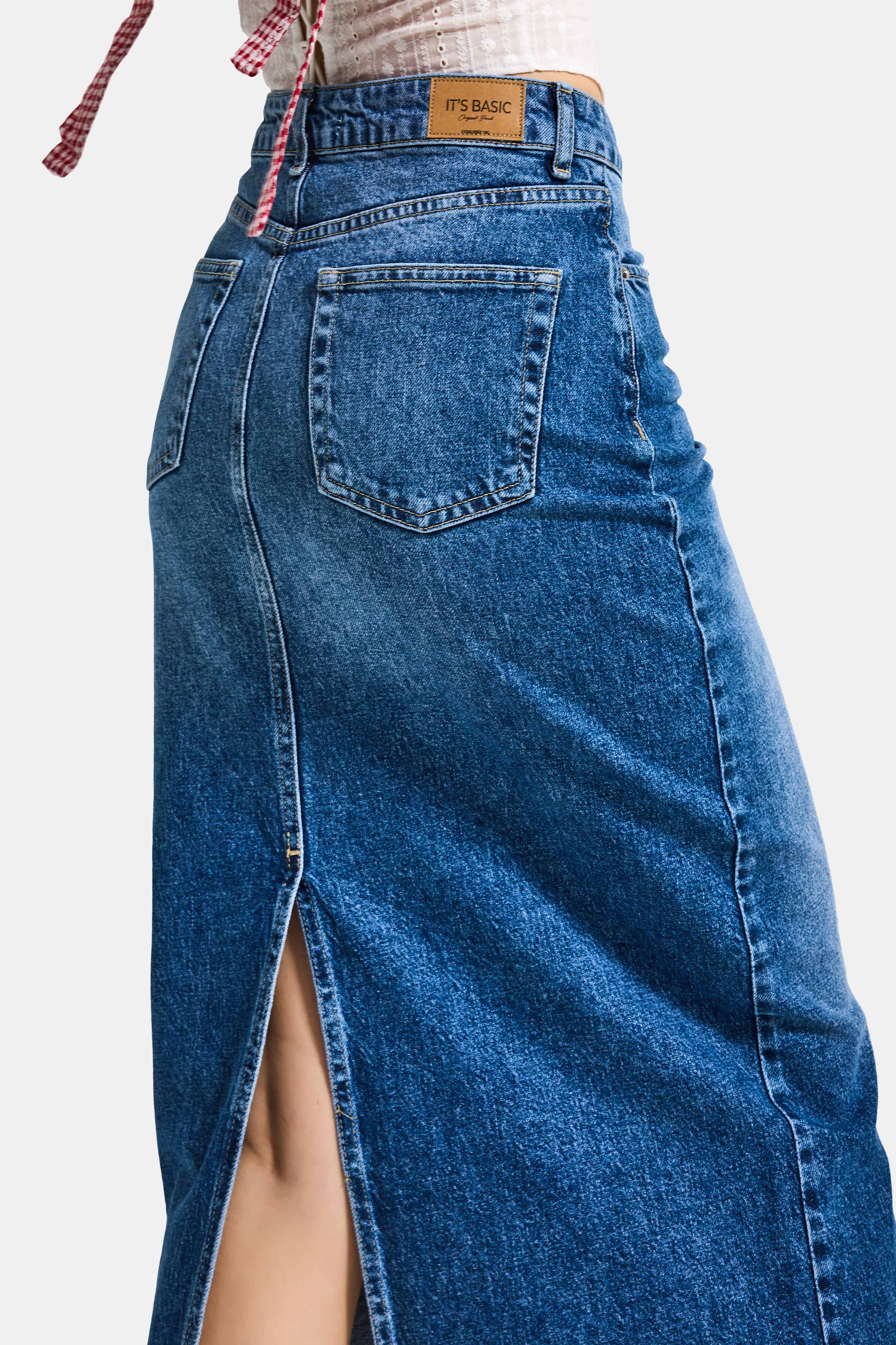 Kadın Mavi 2s6-4 Maxi Komfort Kumaş Arkadan Yırtmaçlı Denim Etek