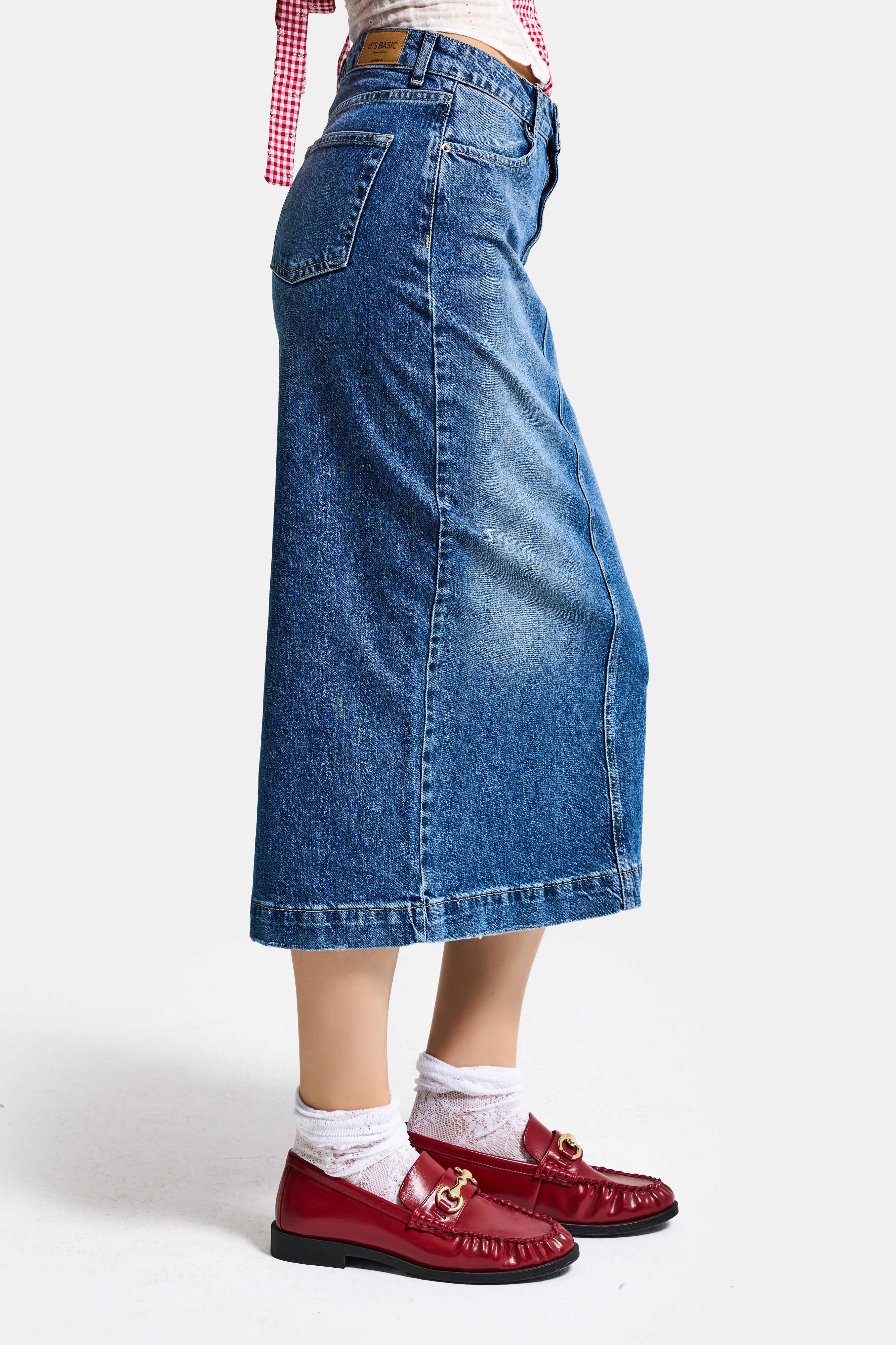 Kadın Mavi 2s6-4 Maxi Komfort Kumaş Arkadan Yırtmaçlı Denim Etek