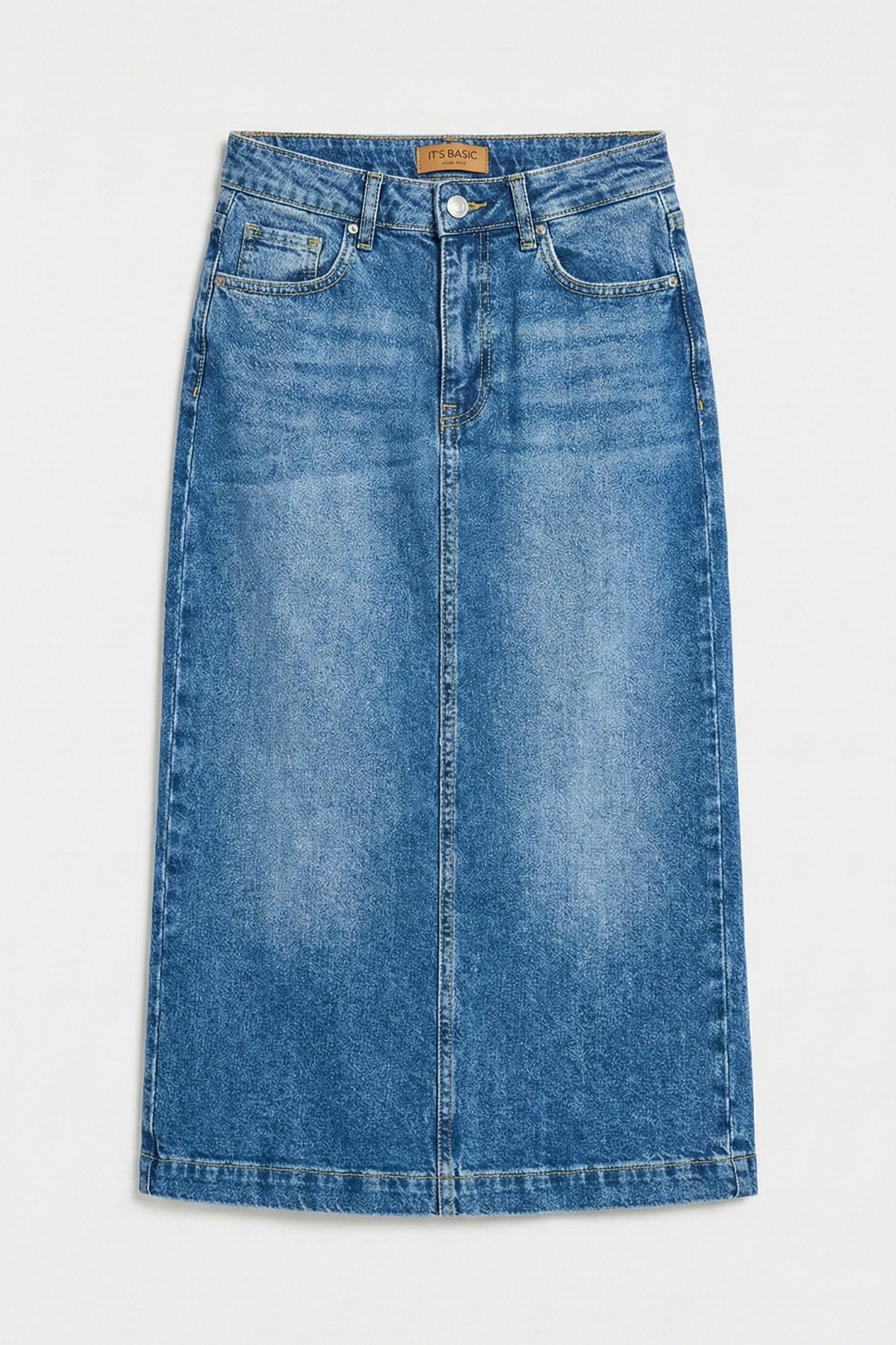 Kadın Mavi 2s6-4 Maxi Komfort Kumaş Arkadan Yırtmaçlı Denim Etek