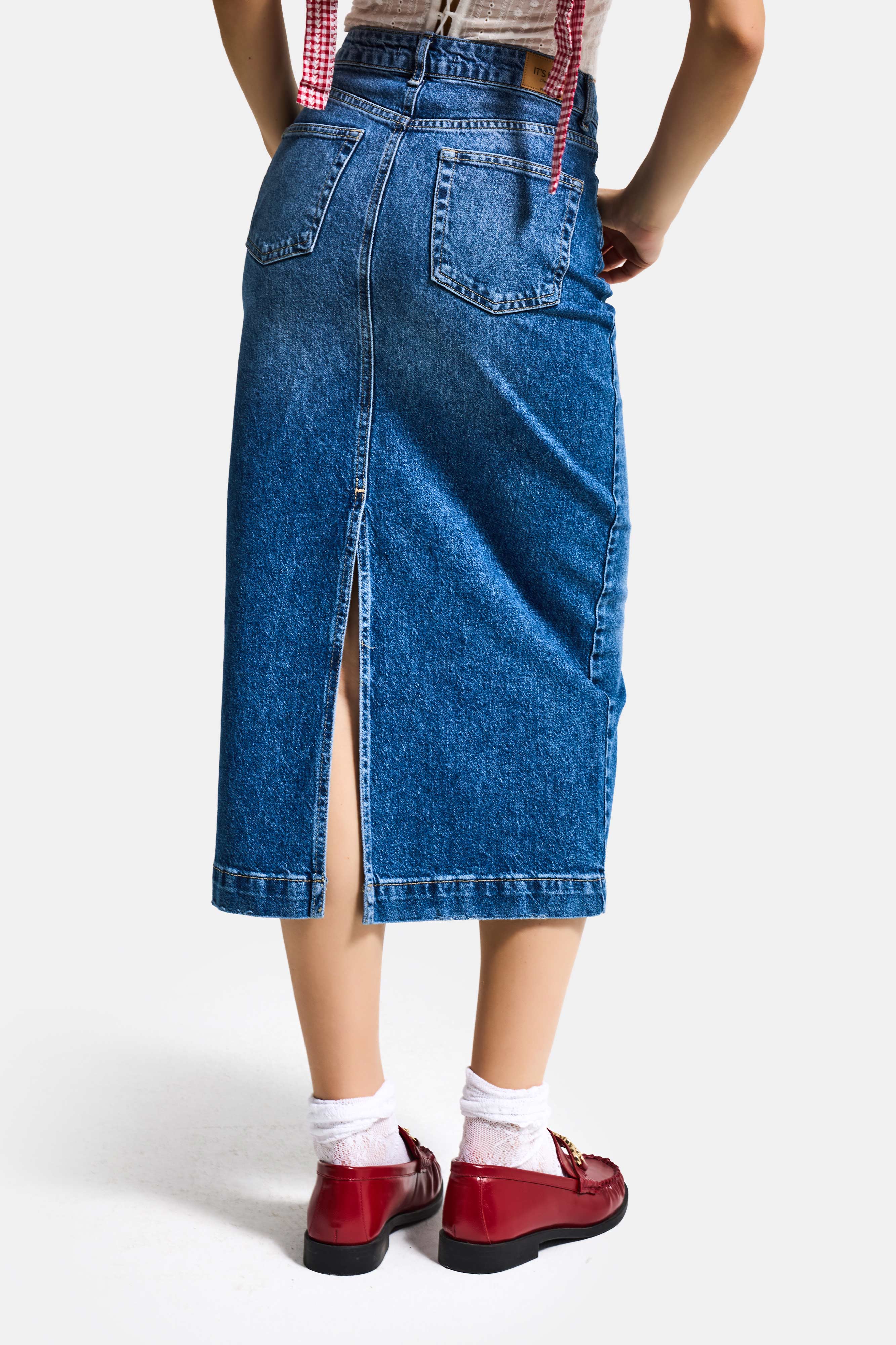 Kadın Mavi 2s6-4 Maxi Komfort Kumaş Arkadan Yırtmaçlı Denim Etek