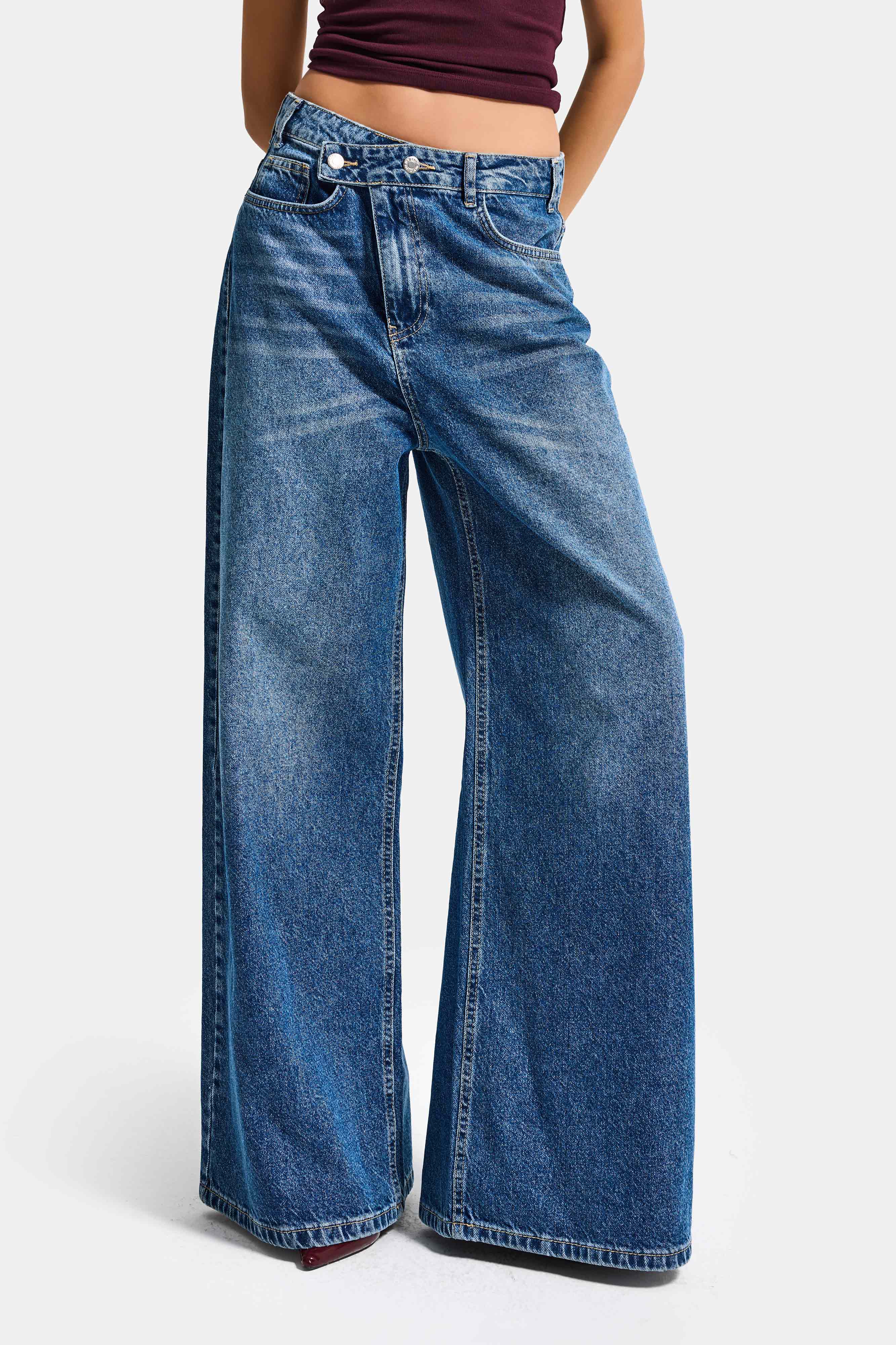 Kadın Mavi 2s6-4 Mega Baggy Fit Kemer Detaylı Bol Kesim Denim Jean