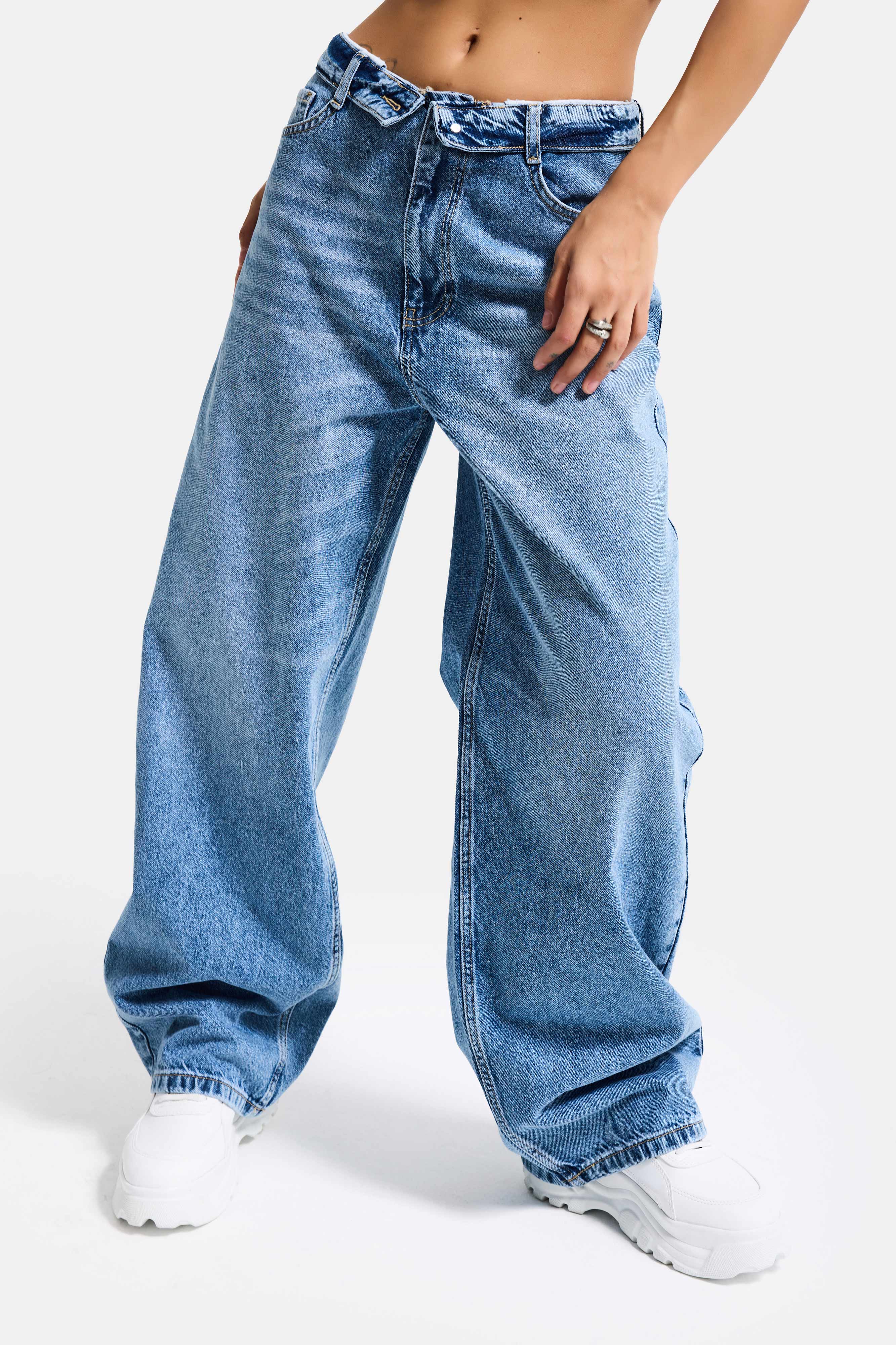 Kadın Mavi 4s6-4 Straight Fit Kemer Detaylı Özel Tasarım Denim Jean